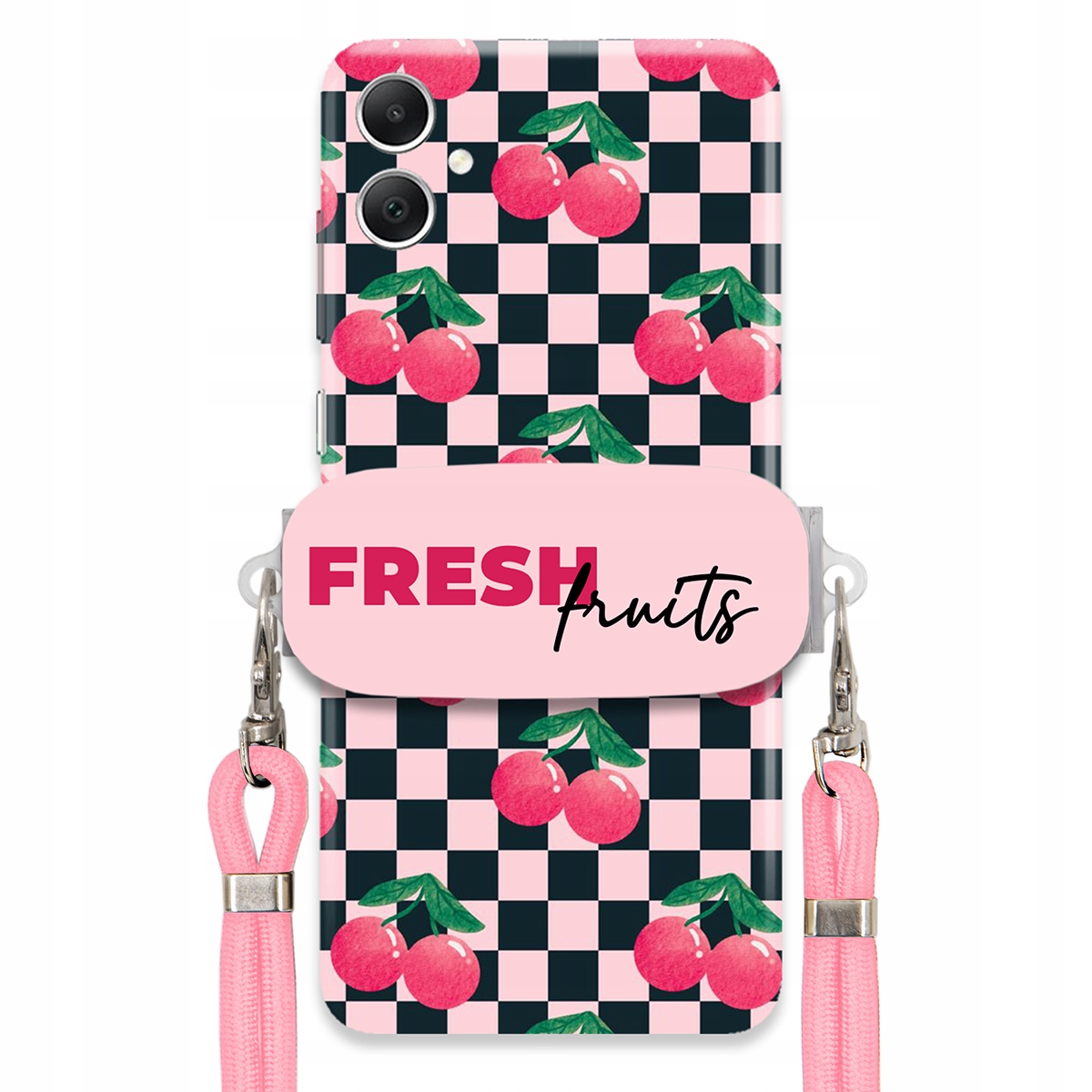 Puzdro pre Samsung A05 Vodítko Pink Crossbody Šachovnicový držiak Fresh Fruits