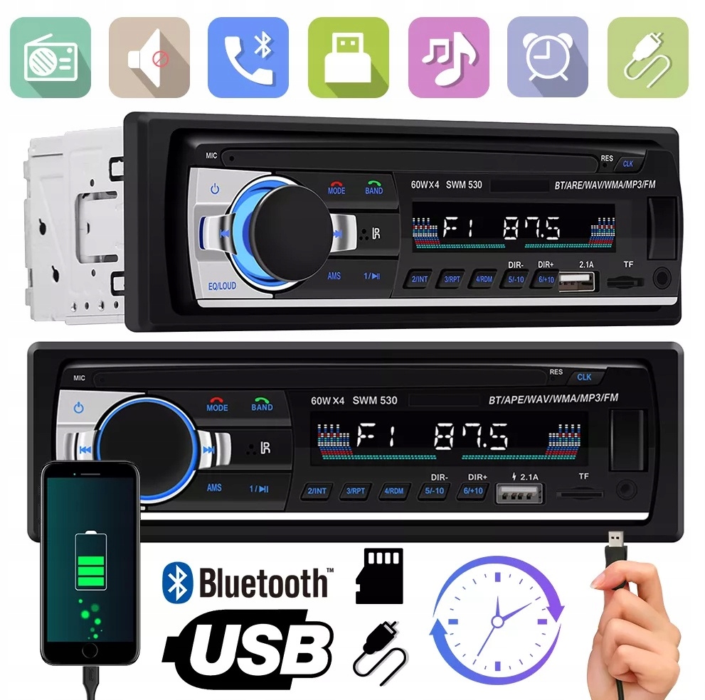 RADIO 1DIN BLUETOOTH USB 2.1A SD AUX MP3 Montaż 1-DIN