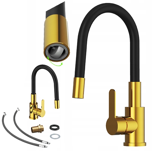 Zlatá kuchynská batéria s flexibilným výtokom Grado Plus, otočný perlátor