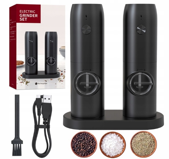 Komplet Dwóch Młynków Do Pieprzu I Soli Akumulatorowy Z Podstawką Ładującą