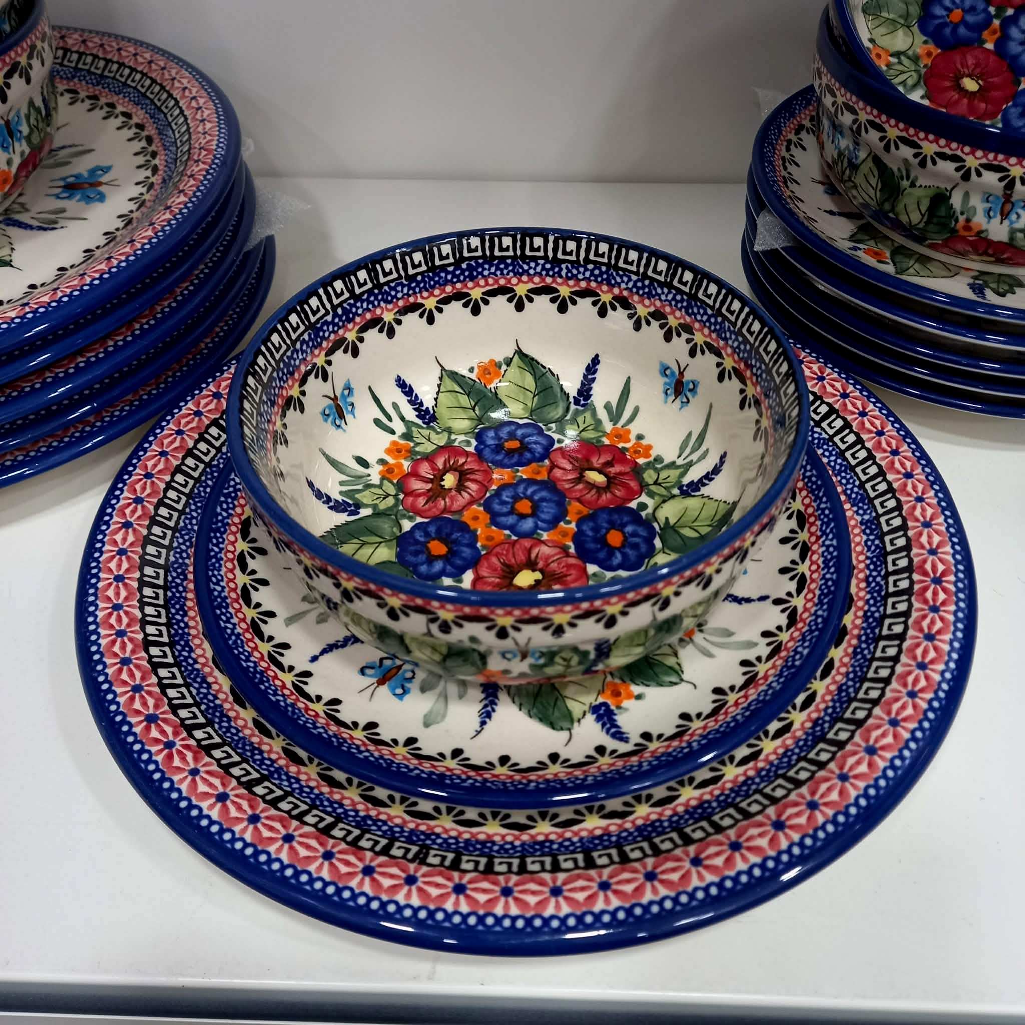 Bolesławiec Serwis Zestaw 6 Os Obiadowy Talerzy 27cm Z Miskami 18EL Dek 149
