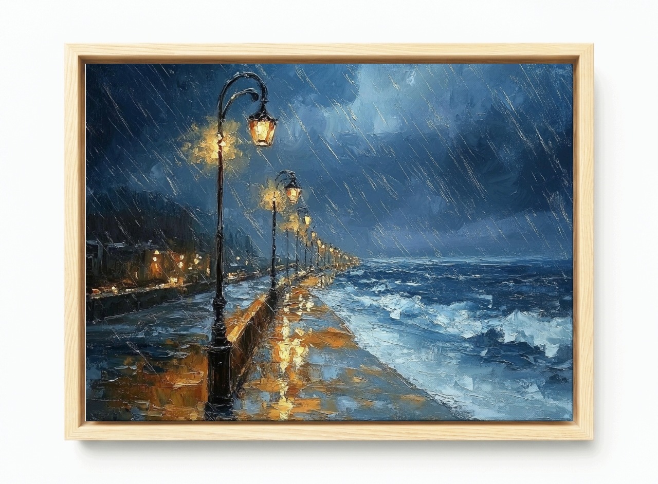 Obraz Rám Americký Box Moře Pláž Promenáda Déšť Bouře Vlny Noc 120x80