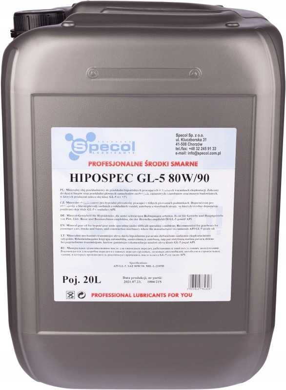 Olej SPECOL 80W90 20l GL5 HIPOSPEC / przekład