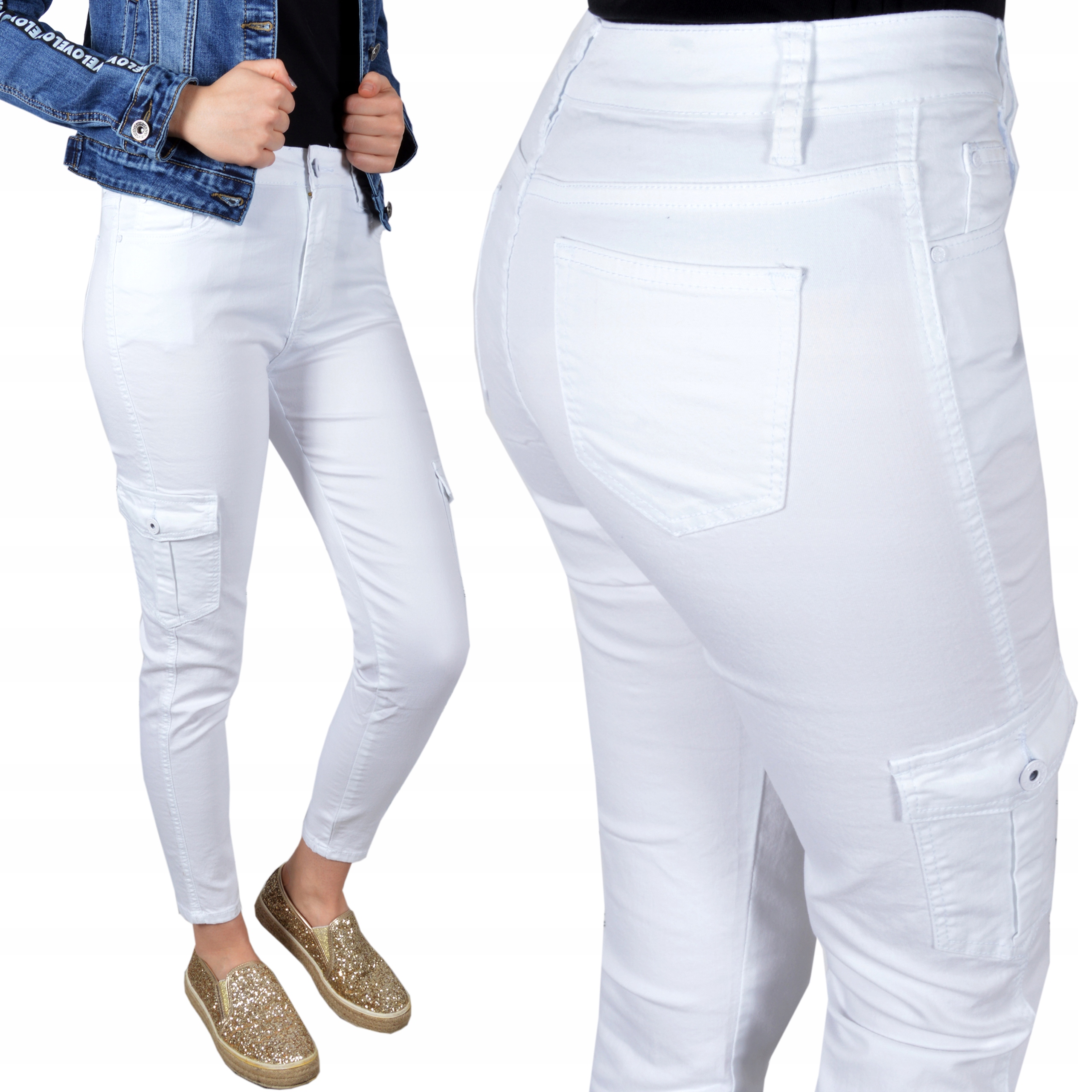 

Spodnie Jeansy Jeansowe Modelujące Bojówki Białe #