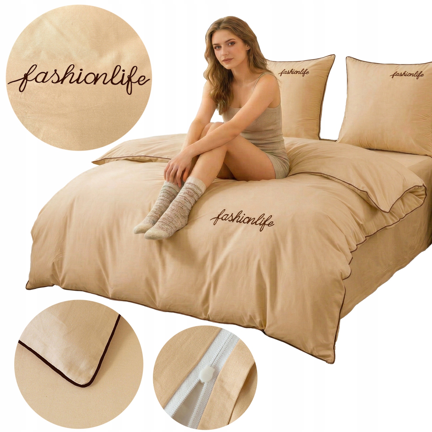 Komplet Pościeli Z Lamówką Haftem 160x200 Poszewki 70x80 Bawełna