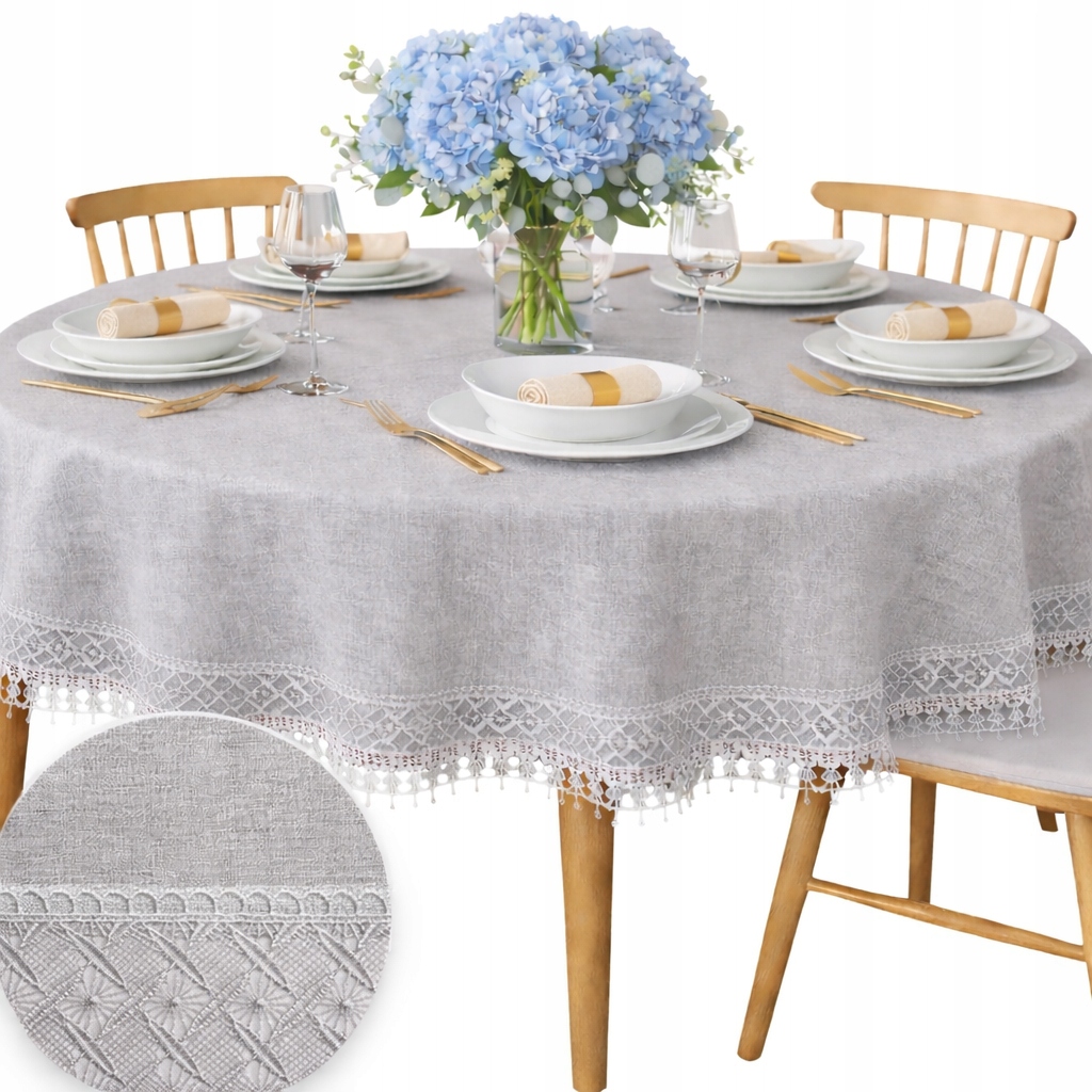 Ubrus na Kulatý Stůl Šedý s gipiurou Kolo 150 CM, hladká krajka, elegantní