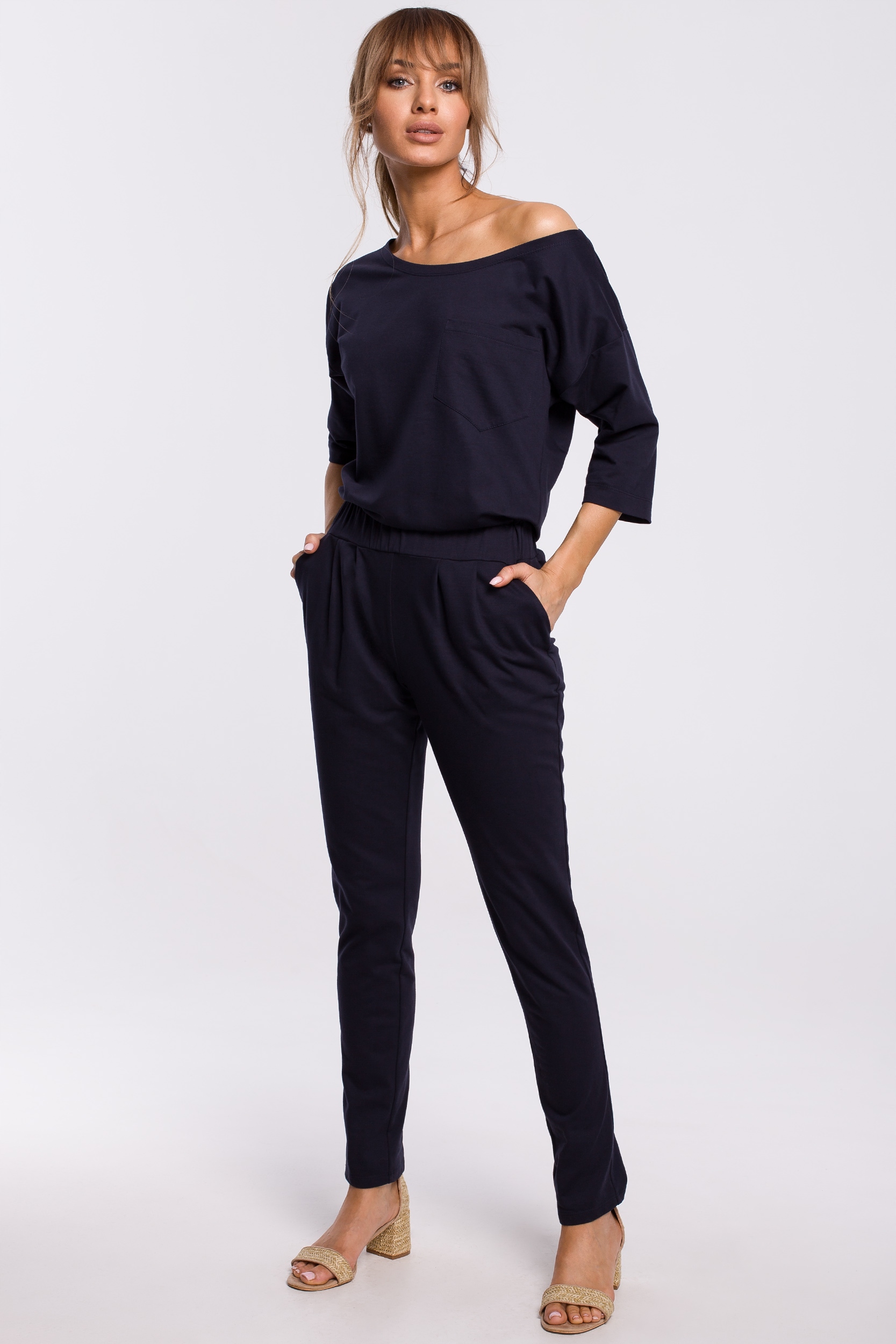 KOMBINEZON DAMSKI CASUAL DRES KOBIECY DŁUGI RĘKAW WYGODNY GRANATOWY 44 XXL Marka MOE