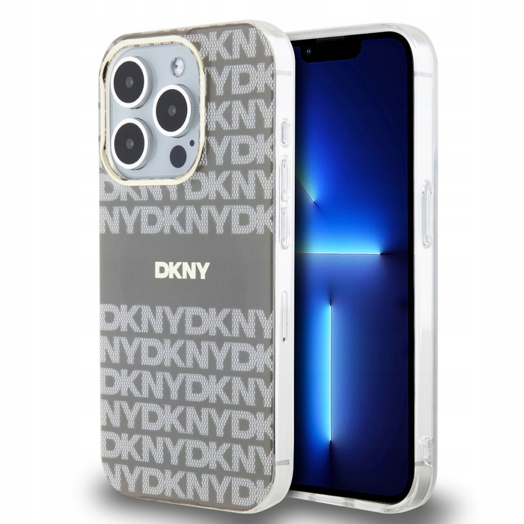 Etui DKNY ze skóry ekologicznej z powtarzającym się wzorem tonalnych pasków do iPhone 13 Pro Max, beżowe