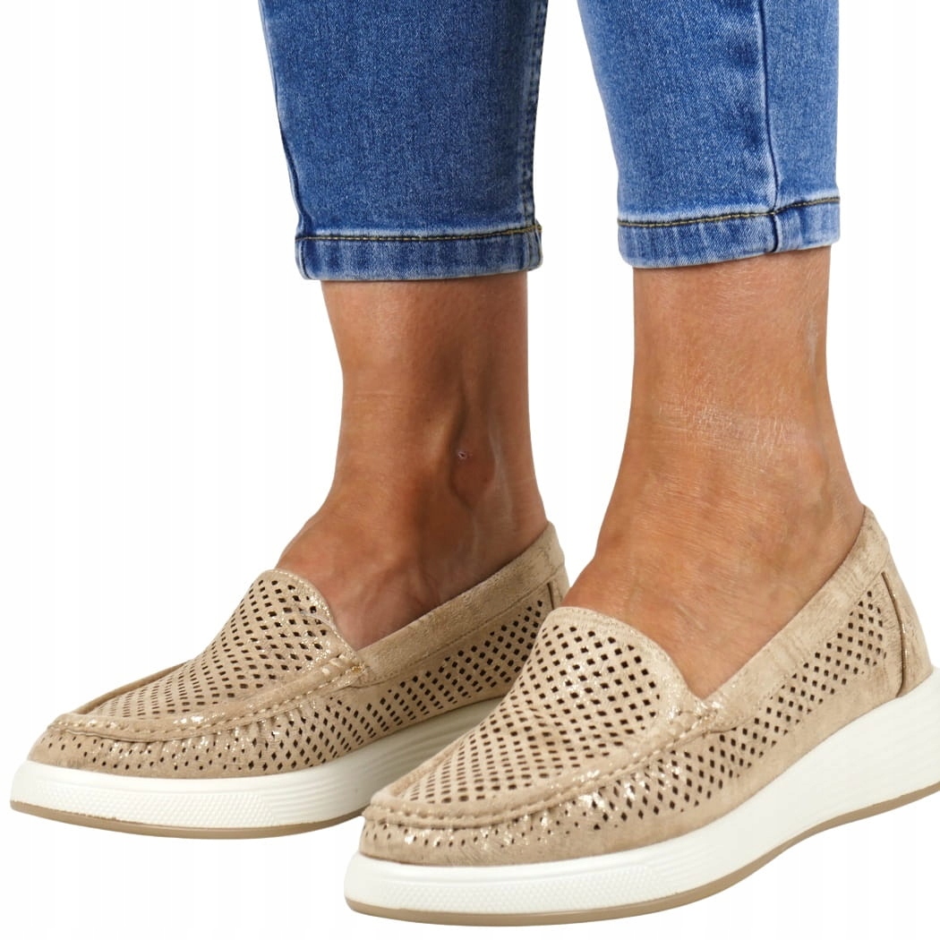Dámské Mokasíny Na Platformě, Ažurové Polobotky, Světle Béžové, Zlaté 40