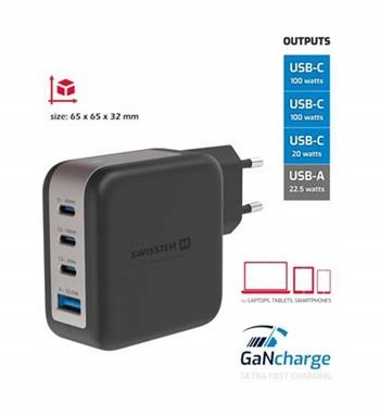 Swissten Síťový Adaptér GaN 3x Usb-c 100W Pd 1x Usb-a 18W Qc Černý
