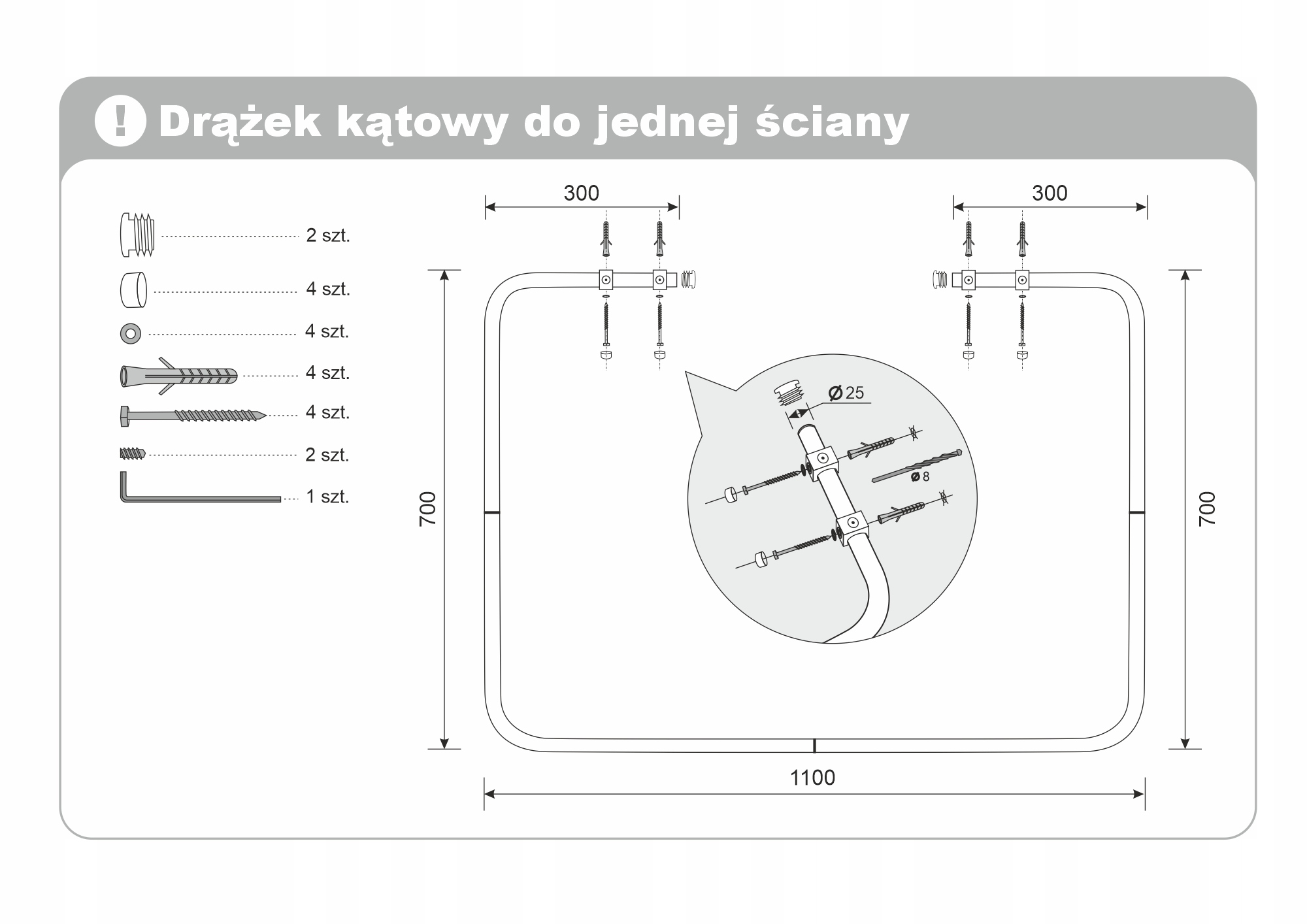 DRĄŻEK DO ZASŁONY PRYSZNICOWEJ KĄTOWY 70X110X70 Materiał wykonania aluminium