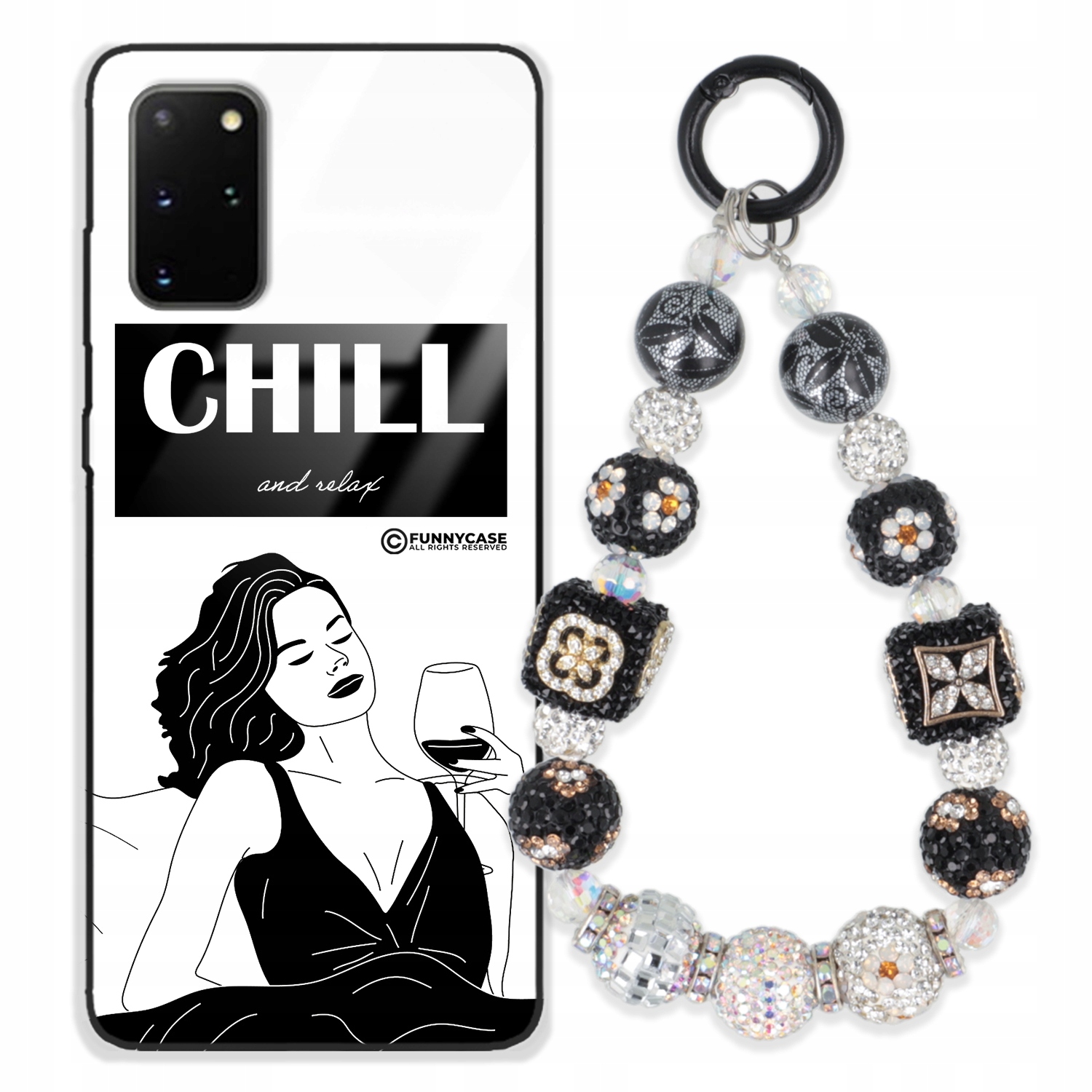 Puzdro Na Samsung S20 Plus 5 G Sklo Čiernobiela Kľúčenka, Strieborné Zirkóny