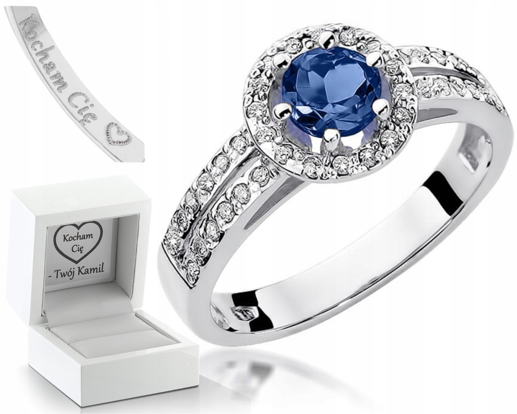 Prstýnek Safír Diamanty Bílé Zlato Gravírování 585