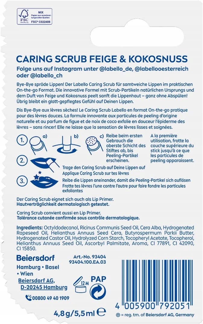 LABELLO CARING SCRUB Peeling do ust 4,8 g Właściwości nawilżające