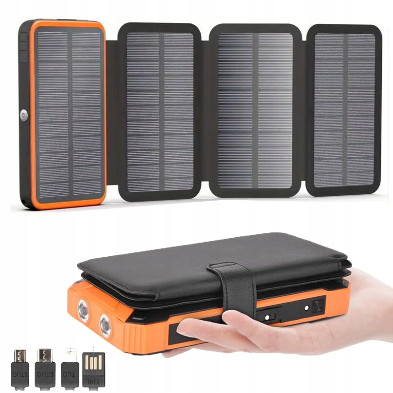 Solární powerbanka s indukcí, 20000mAh, 3 porty, 4 vestavěné kabely