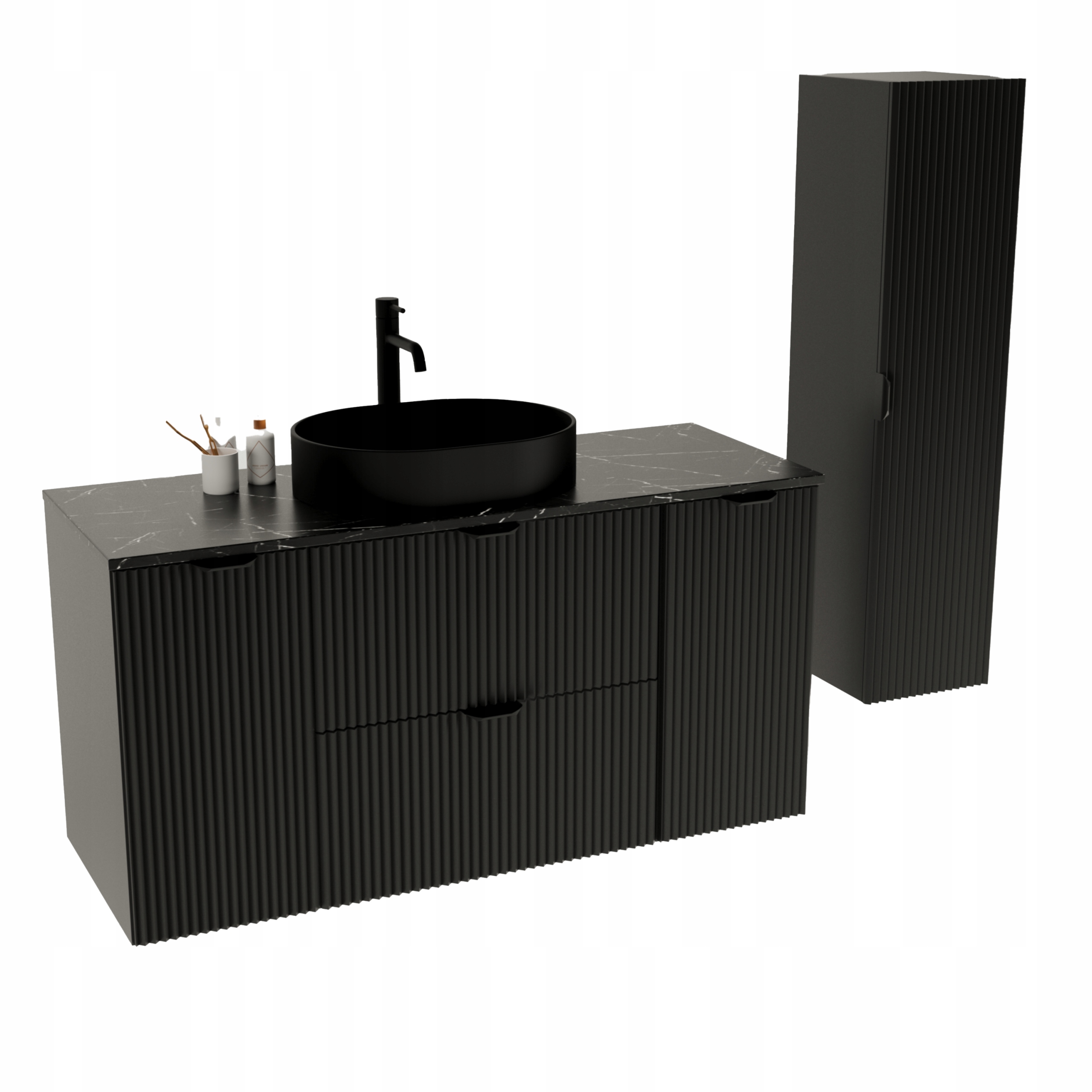 Skříň 2 dveře 2 zásuvky 120 cm a sloupek Černá/Mramor Černá Royal deska