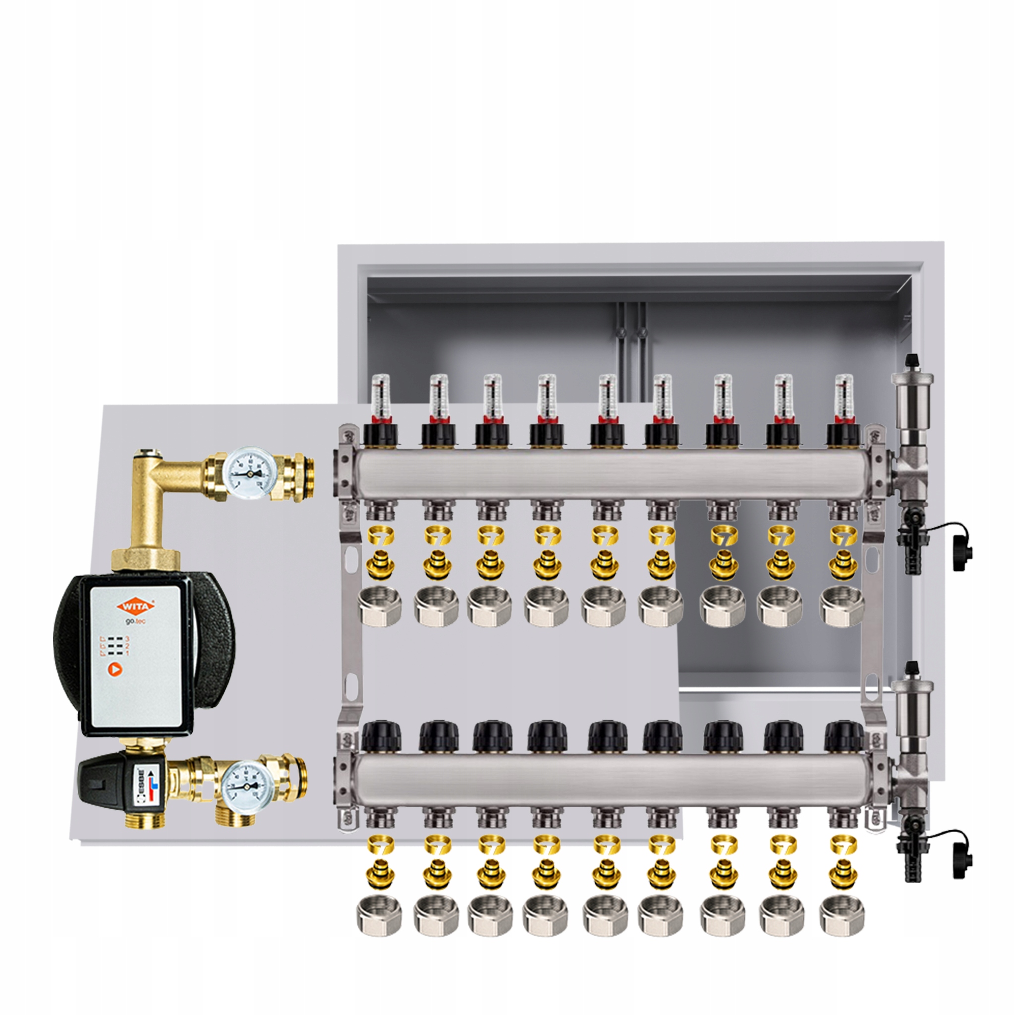 Rozdělovač pro podlahu 9 okruhů s čerpadlem Wita podomítková skříňka Pex