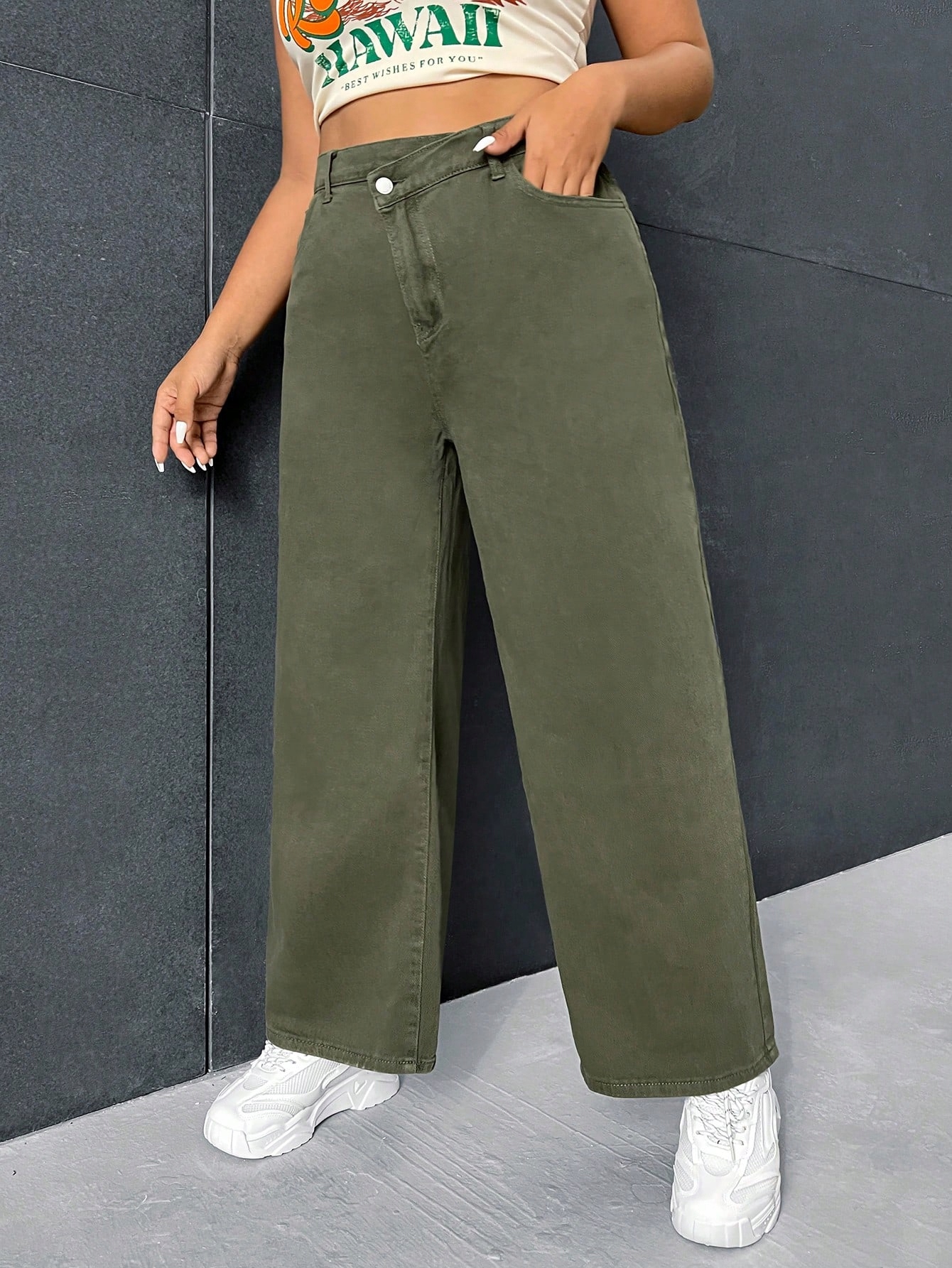 Džíny S Elastickým Khaki Pasem A Širokými Nohavicemi Casual Shein 3XL