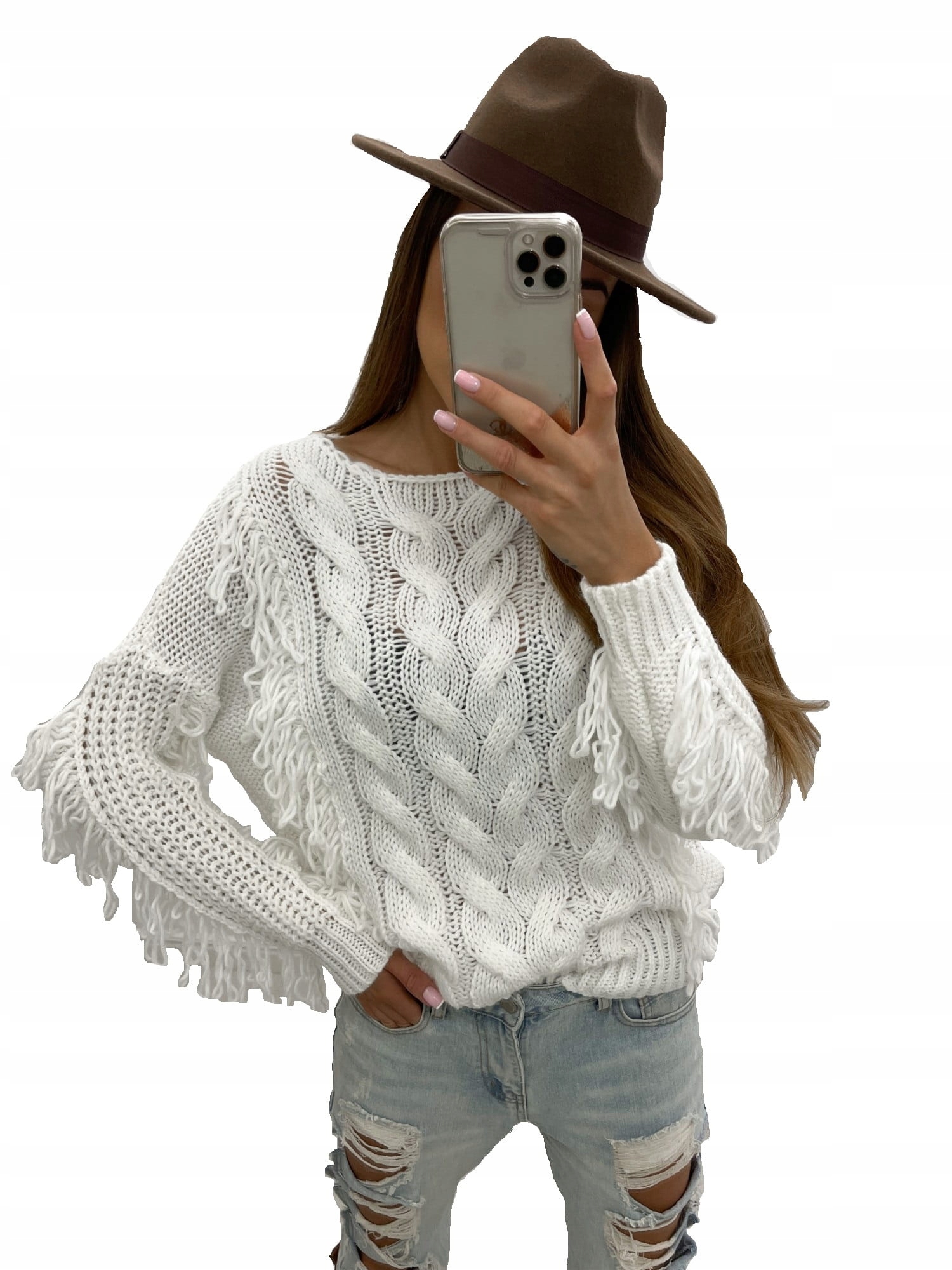 

Biały sweter z frędzlami boho Tmc Moda