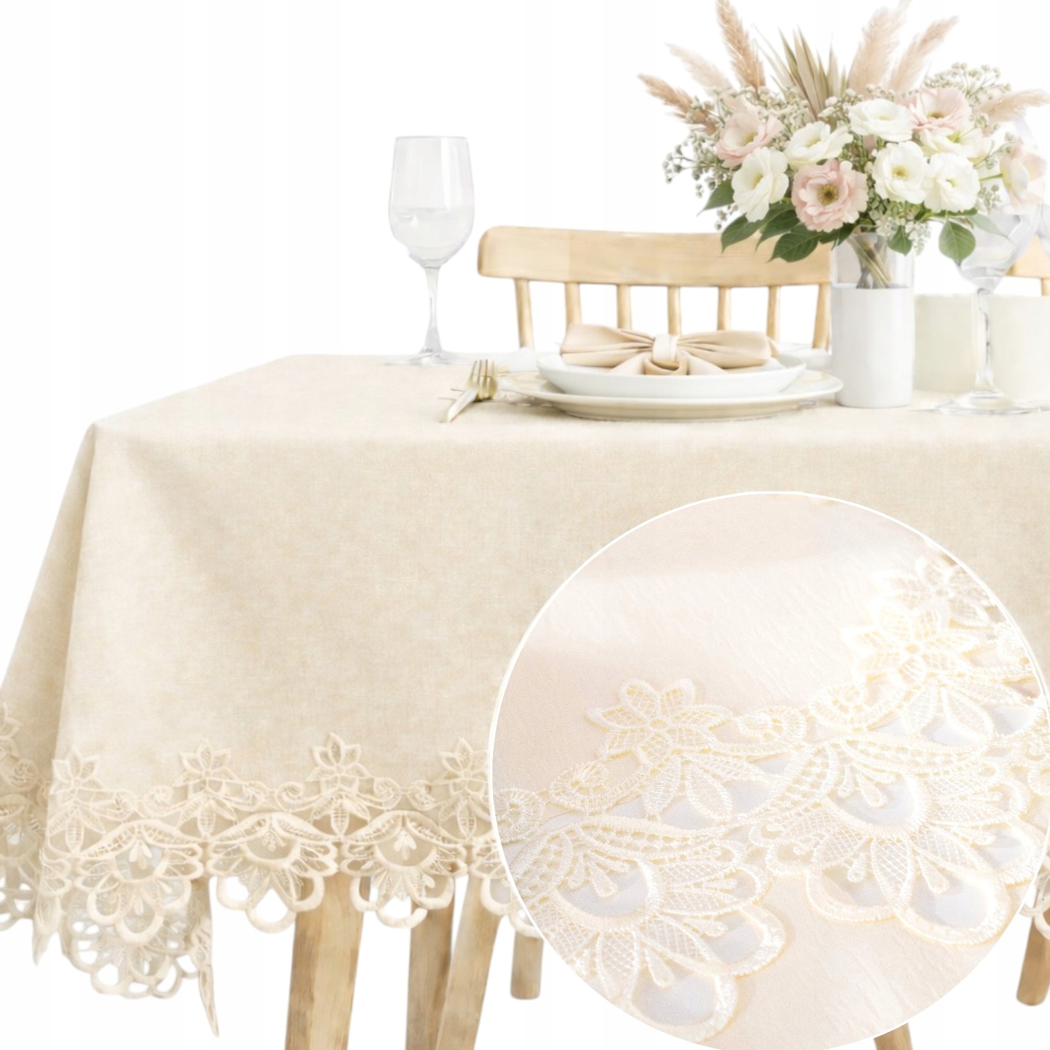 Ubrus Ecru krémový s gipiurou 150x220, krajka odolná vůči skvrnám, elegantní na stůl