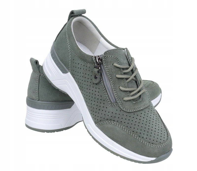 Zielone zamszowe sneakersy damskie skórzane półbuty sznurowane sportowe