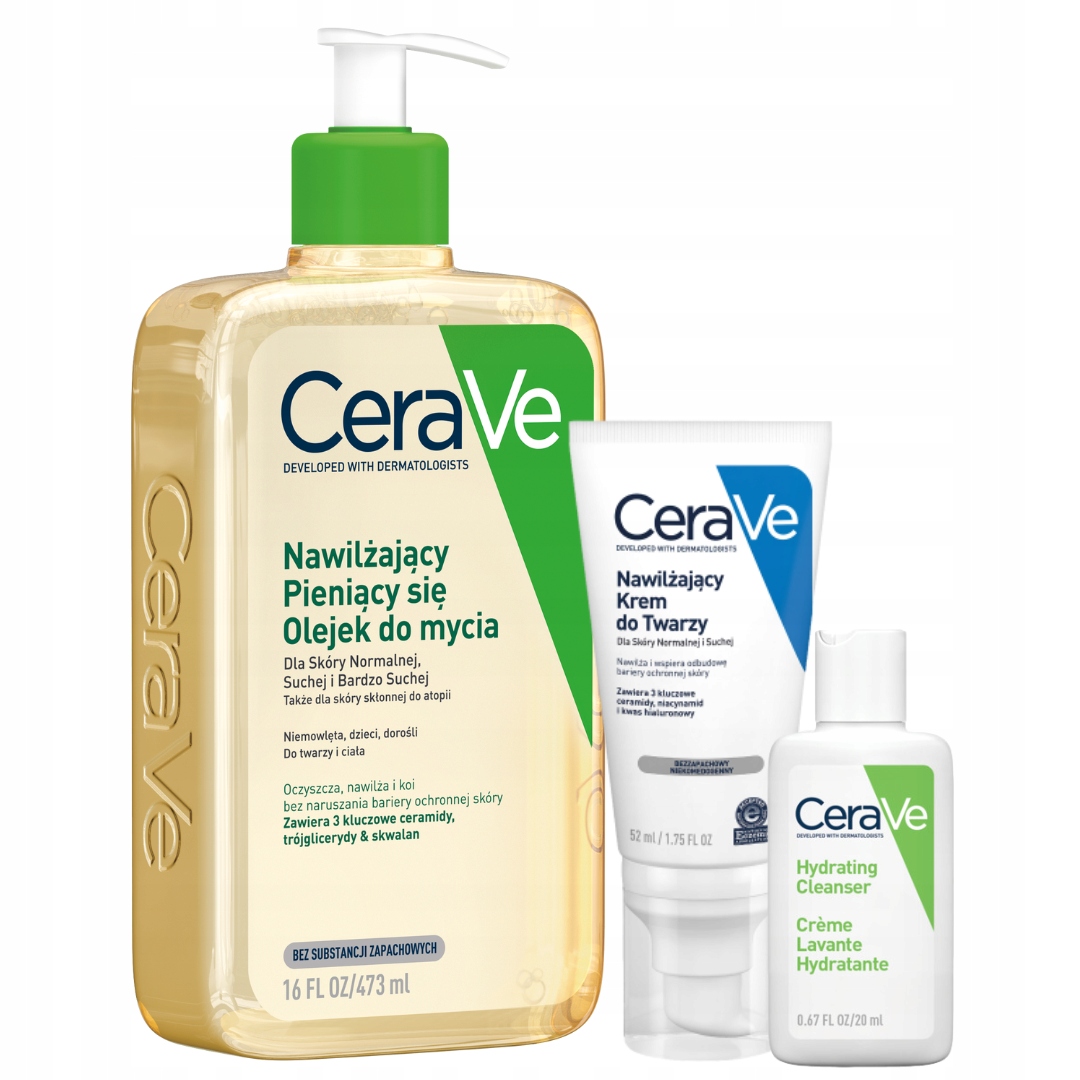 CeraVe Zestaw Nawilżający Krem do Twarzy 52ml, Pieniący Się Olejek 473ml