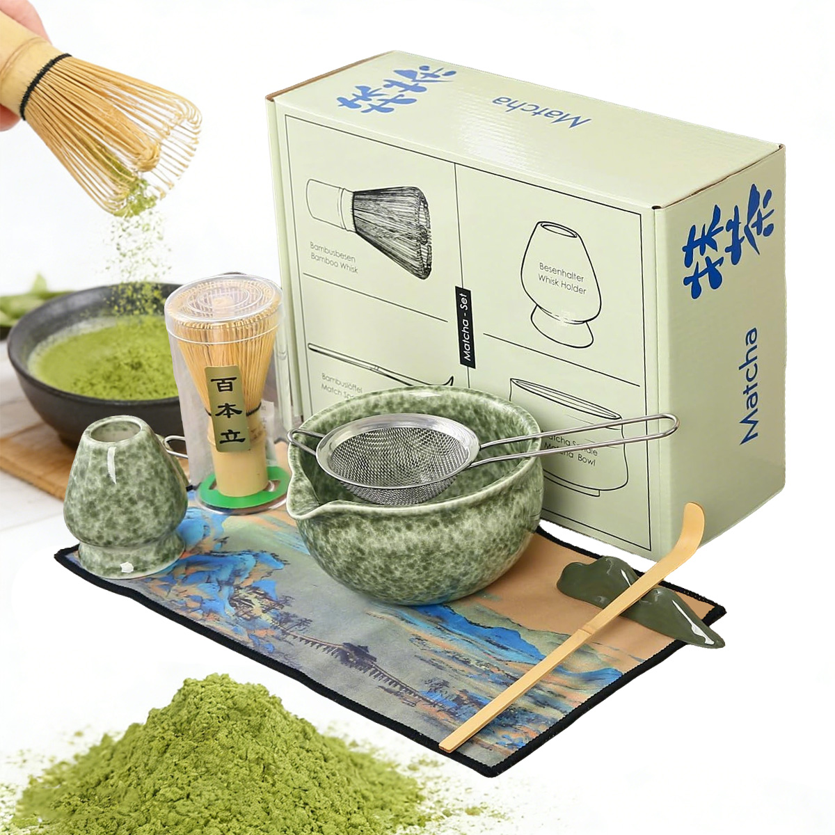 Dárková Sada Na Čaj Matcha Metlička Podstavec Lžička 7KS