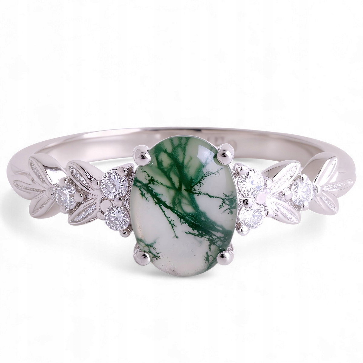 Agat Mchowy Mszysty "Leśna Aura" pierścionek srebro 925 białe złoto