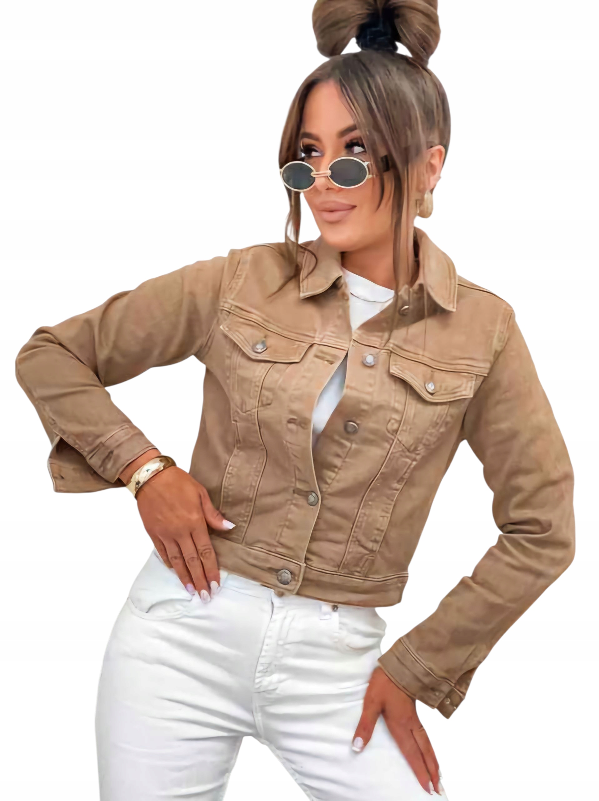 KLASYCZNA KURTKA MODNA KATANA JEANSOWA JASNY BRĄZ rozmiar S / 36