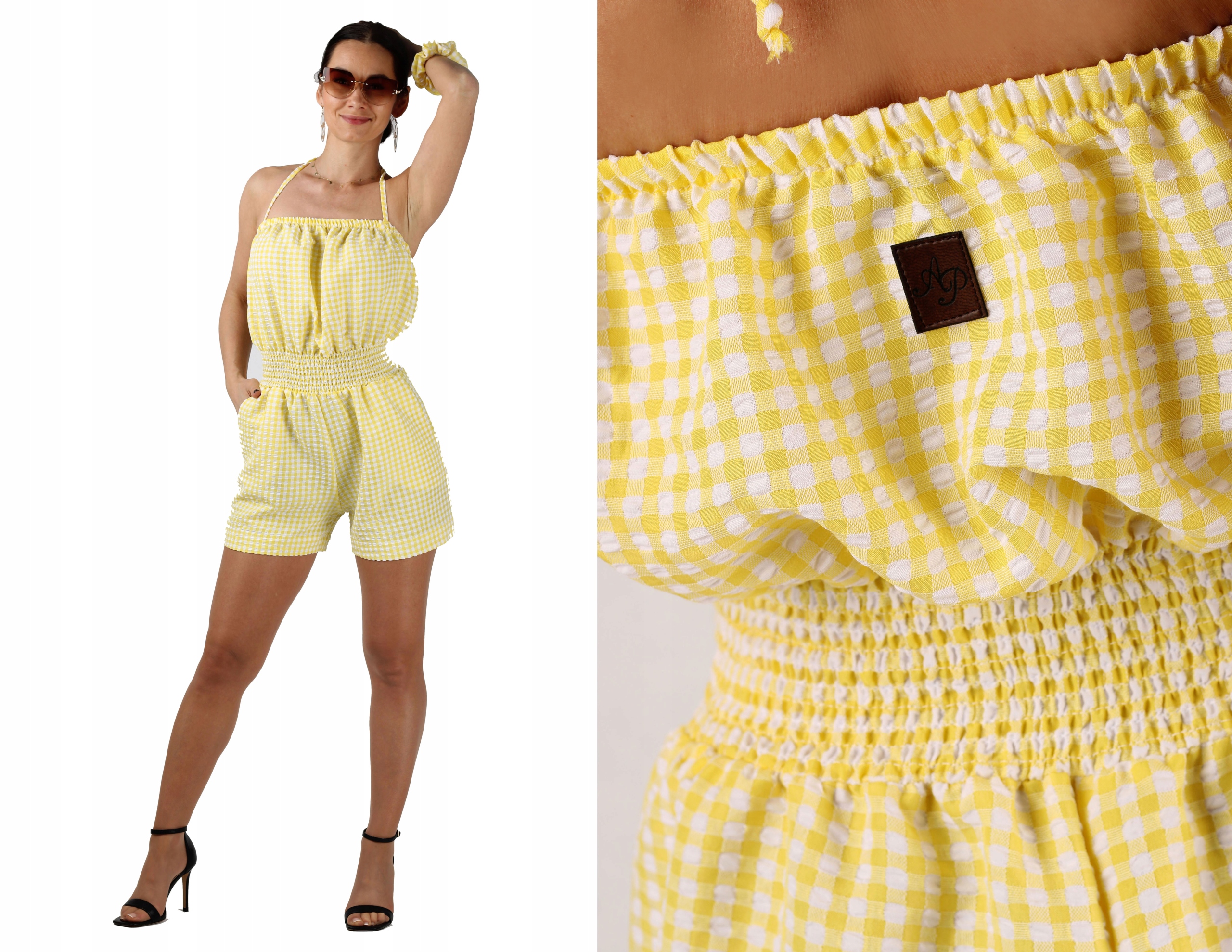 

S M Kombinezon Żółty Kratka odkryte ramiona lato