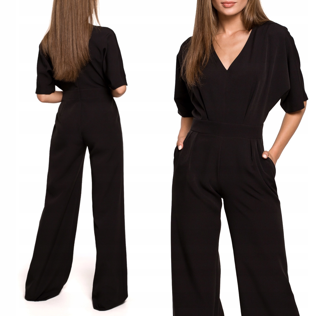 KOMBINEZON ELEGANCKI DAMSKI KOBIECY LUŹNY Z DEKOLTEM V CZARNY 42 XL