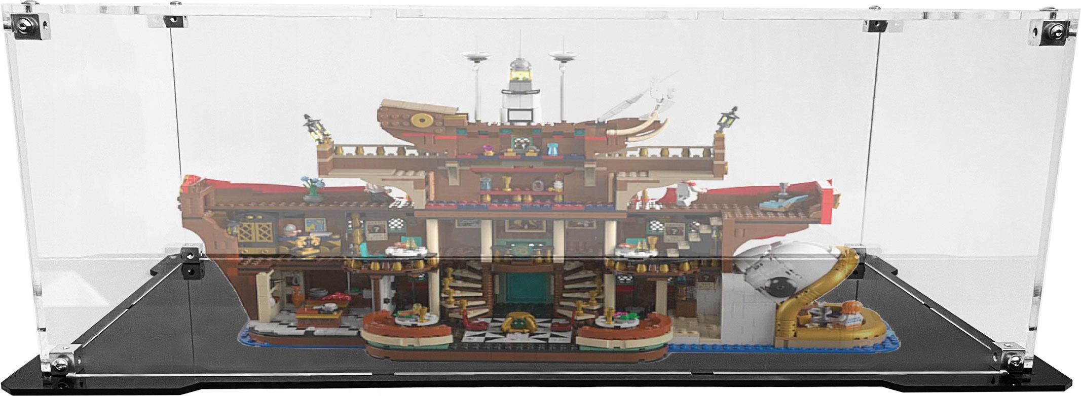 Vitrína s černým podstavcem pro stavebnici Lego 75640 Plovoucí restaurace