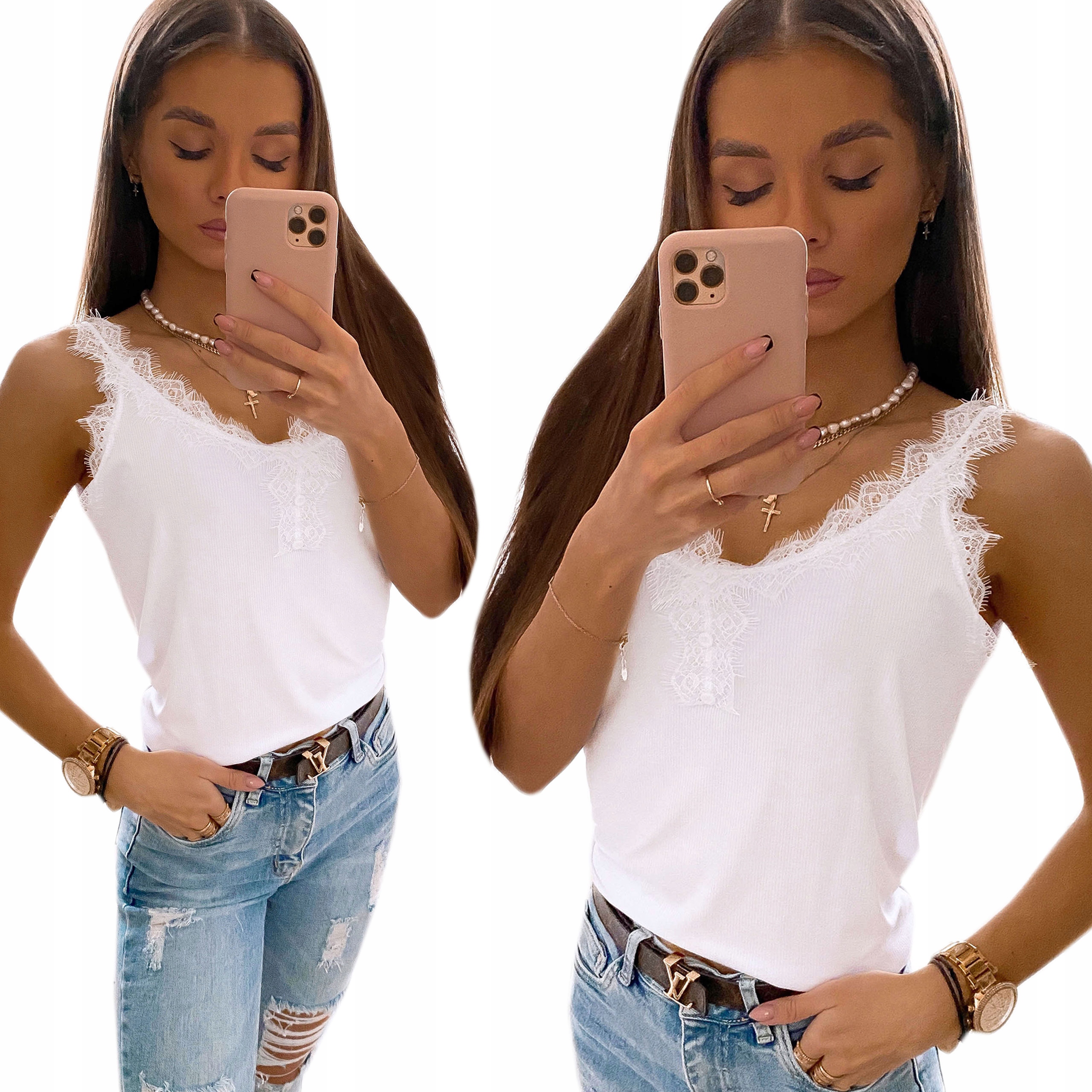 

Bluzka Prążek Ozdobny Dekolt Guziki Koronka