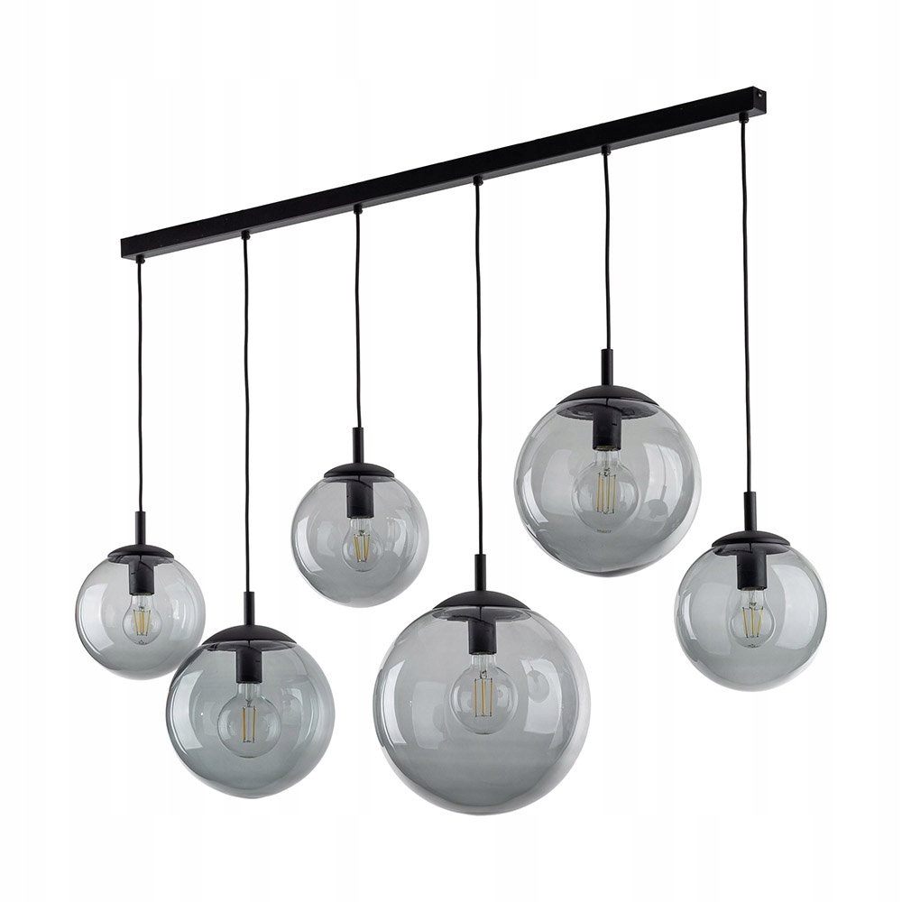 Šesťbodová závesná lampa, sivé gule, lišta nad jedálenský stôl Esme