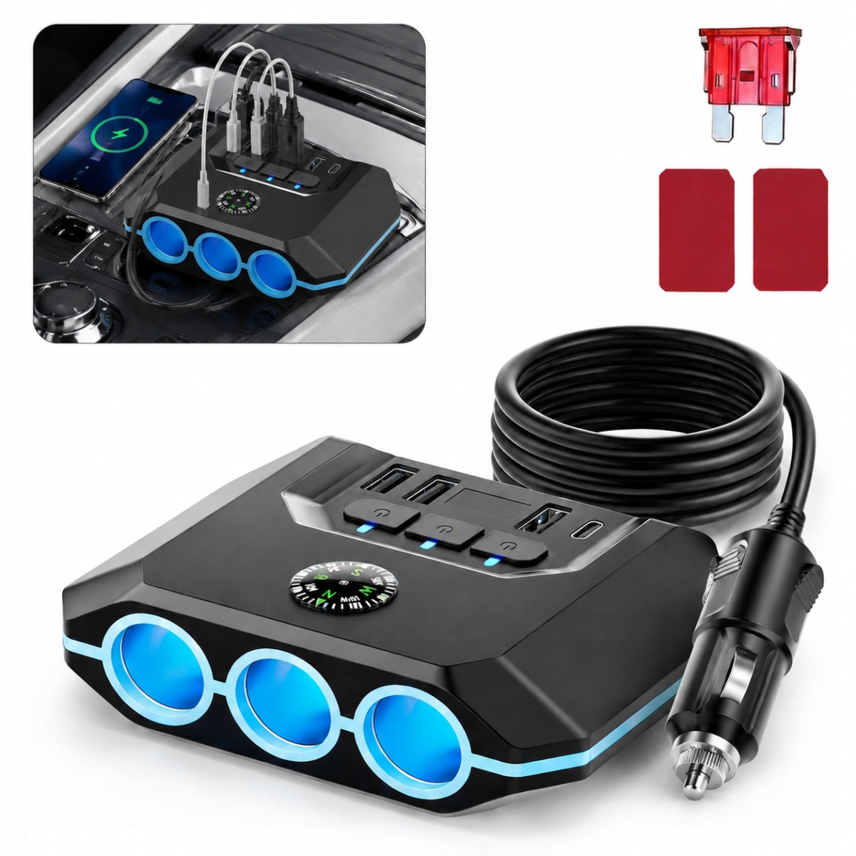 Rozdzielacz Rozgałęźnik 3 Gniazda Zapalniczki Usb Szybka Ładowarka Qc 120W