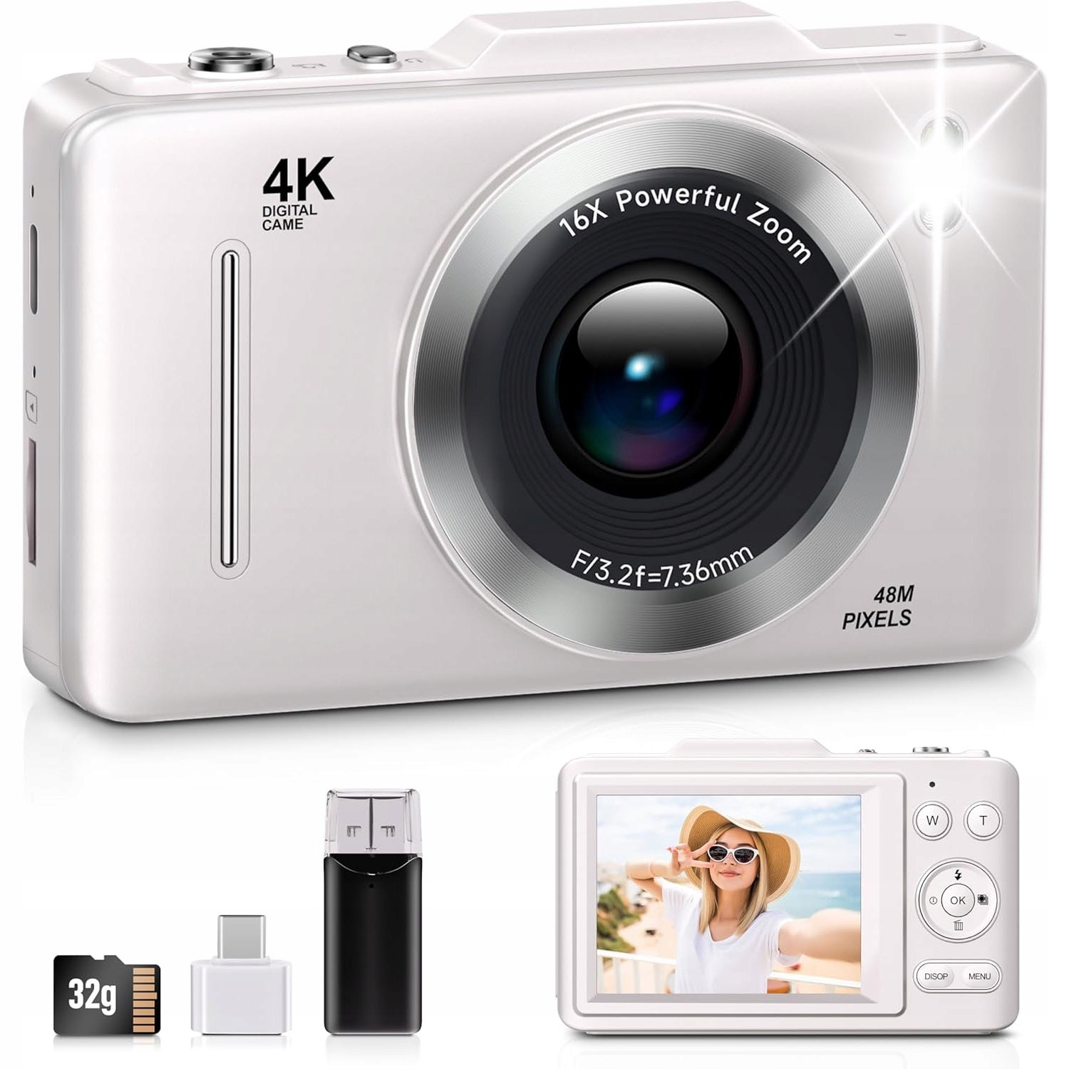 Přenosný Digitální Fotoaparát 1080P Fhd 48MP 16X Zoom 32GB Karta, Displej 2.8"