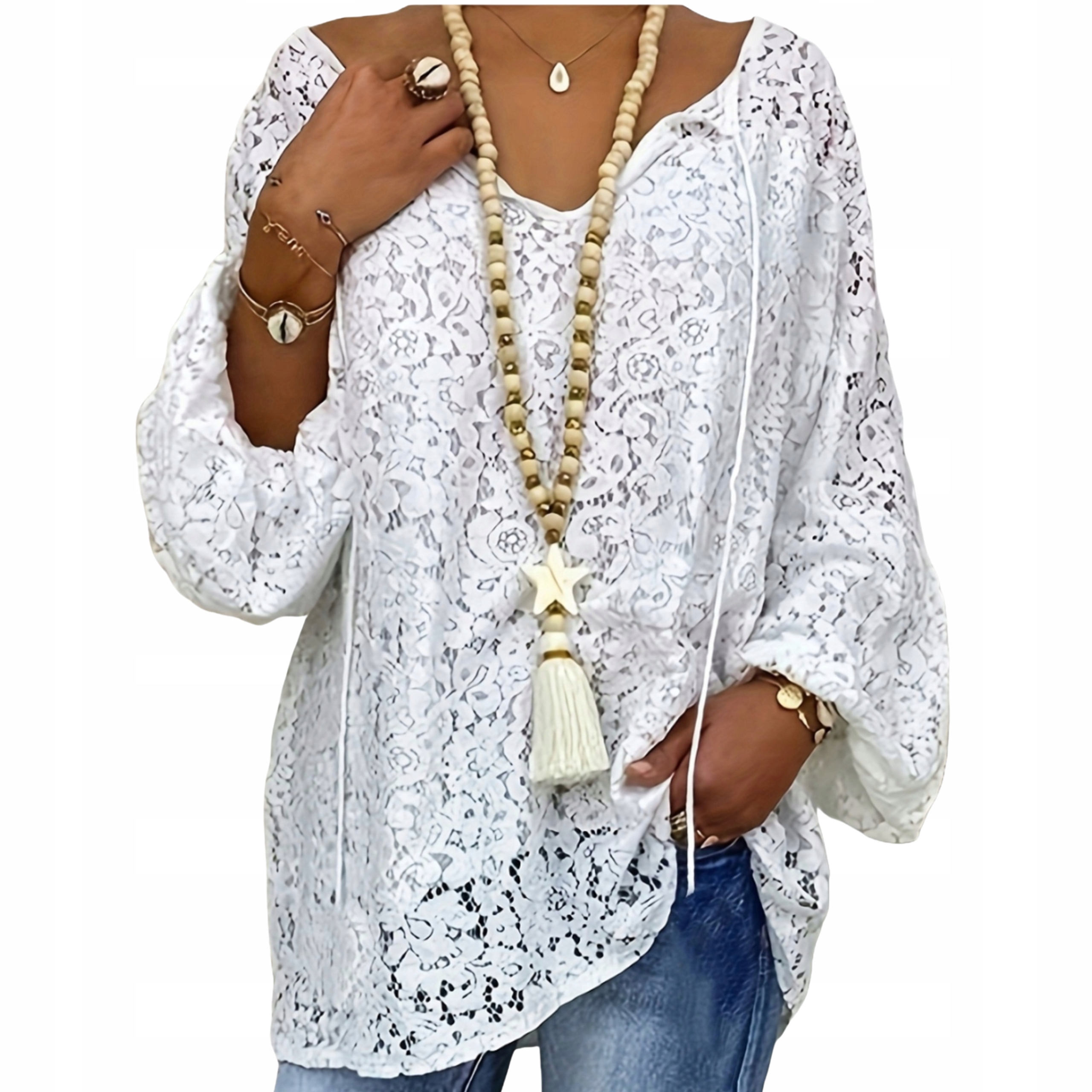 Bluzka damska do pracy luźna koronkowa rozkloszowana letnia biała