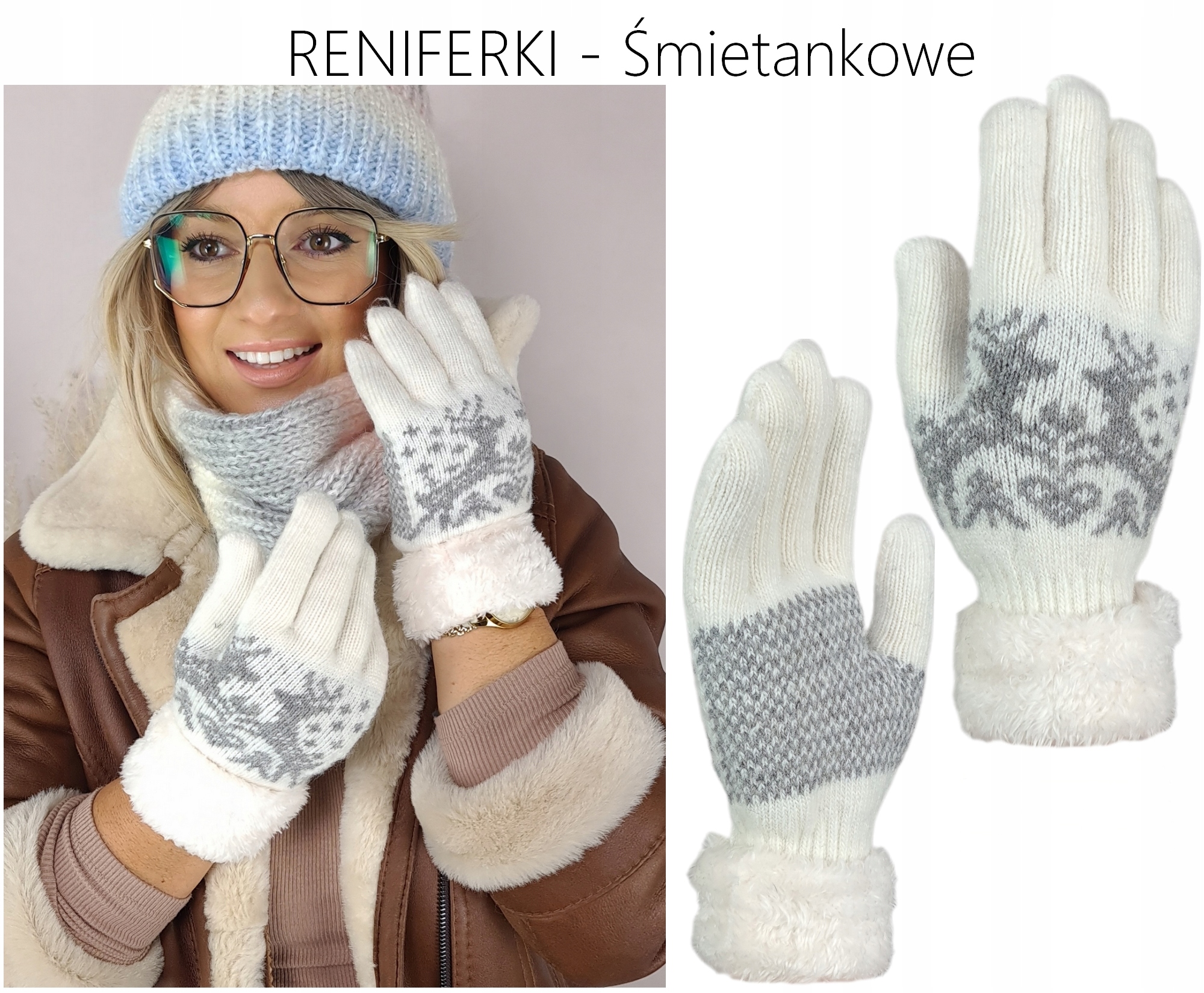 CIEPŁE RĘKAWICZKI zimowe GRUBE WEŁNIANE ŚNIEŻYNKA Rodzaj pięciopalczaste