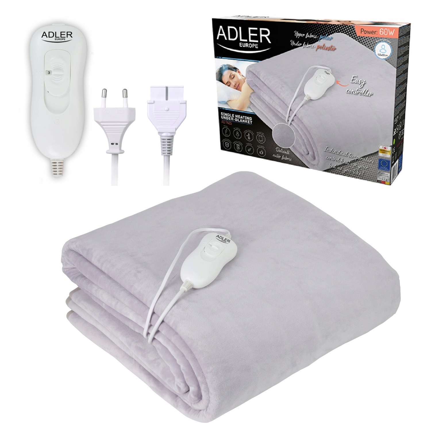 Koc Elektryczny Podkładowy Adler 150x80cm Mata Grzewcza 60W pilot Regulacja