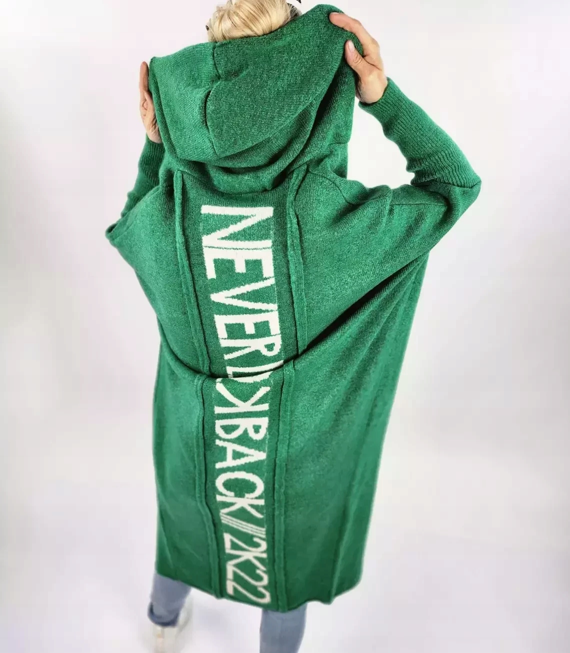 Teplý dámský svetr Kardigan Dlouhý s vlnou Nápis Never Look Back M (38)