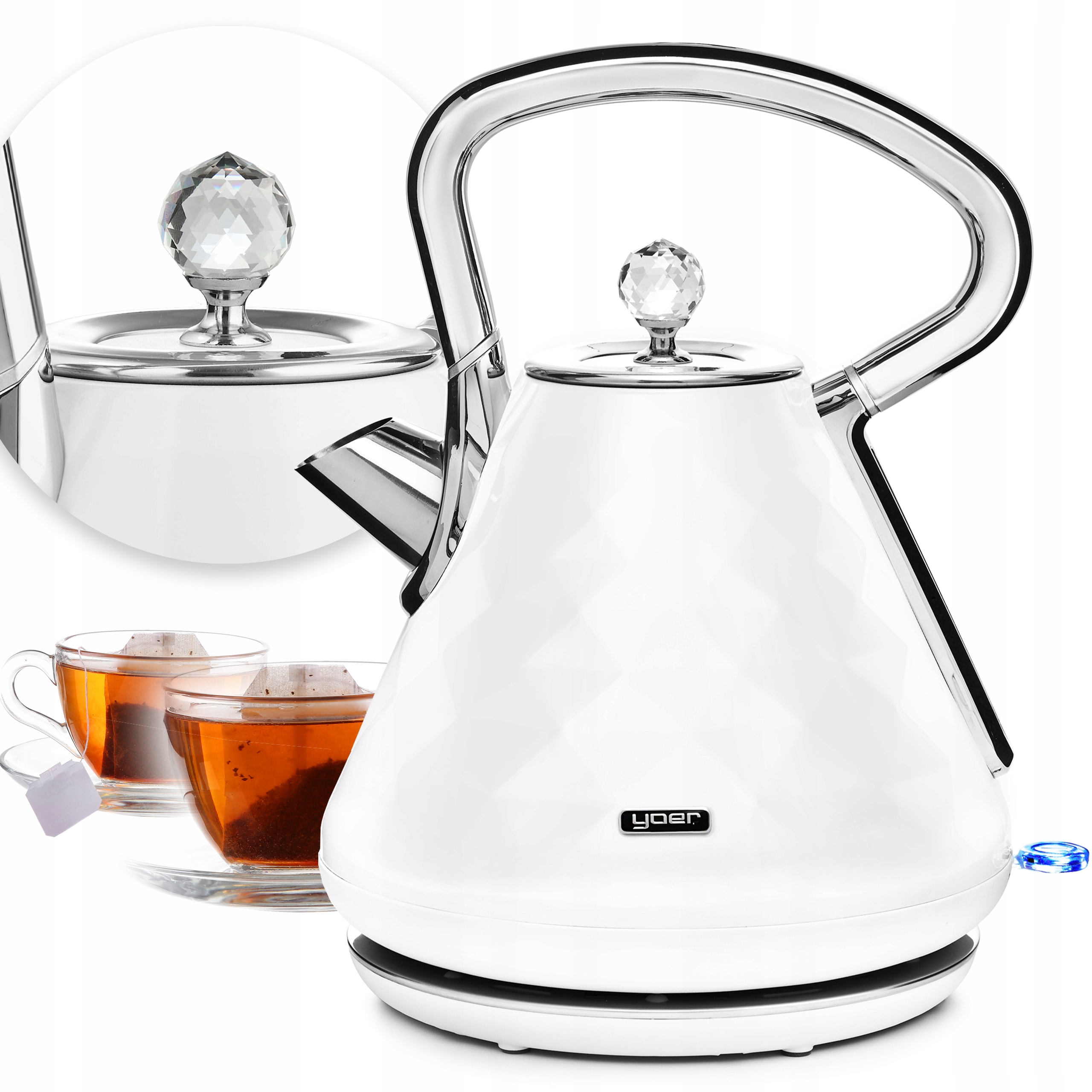 Czajnik elektryczny Bezprzewodowy Yoer 1,7L 3000W biały/chrom +diament