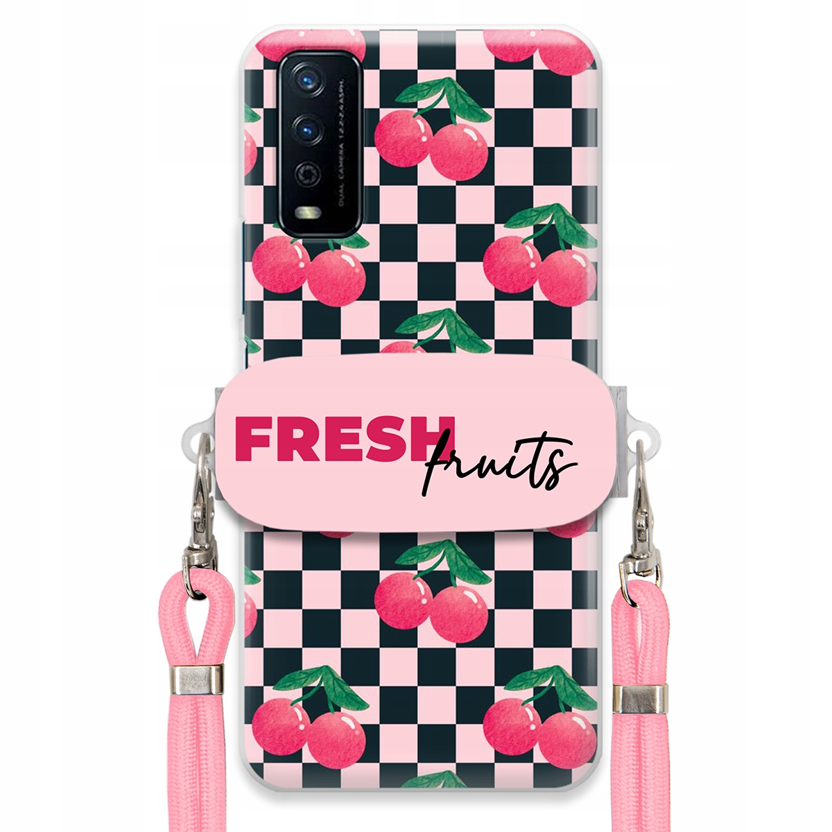 pouzdro na Vivo Y20s Vodítko Pink Crossbody+ Funkční rukojeť Fresh Fruits
