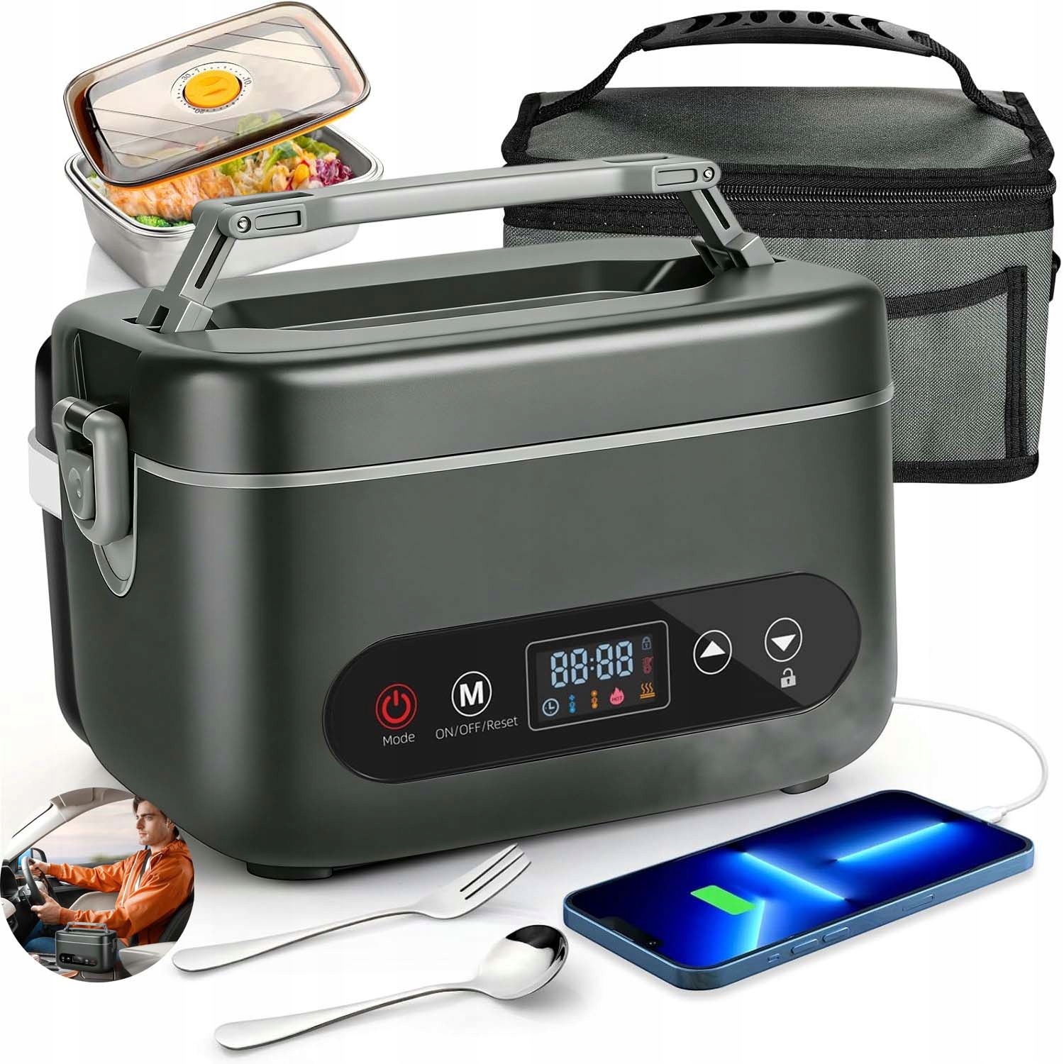 Lunchbox Elektryczny Podgrzewany Ze Stal Nierdzewna 1,2L 100W Ciemnoszary