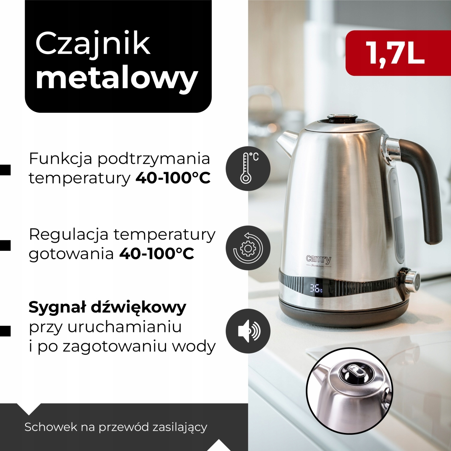 CR 1291 Czajnik Metalowy 1,7L z LCD i Regulacją Temperatury