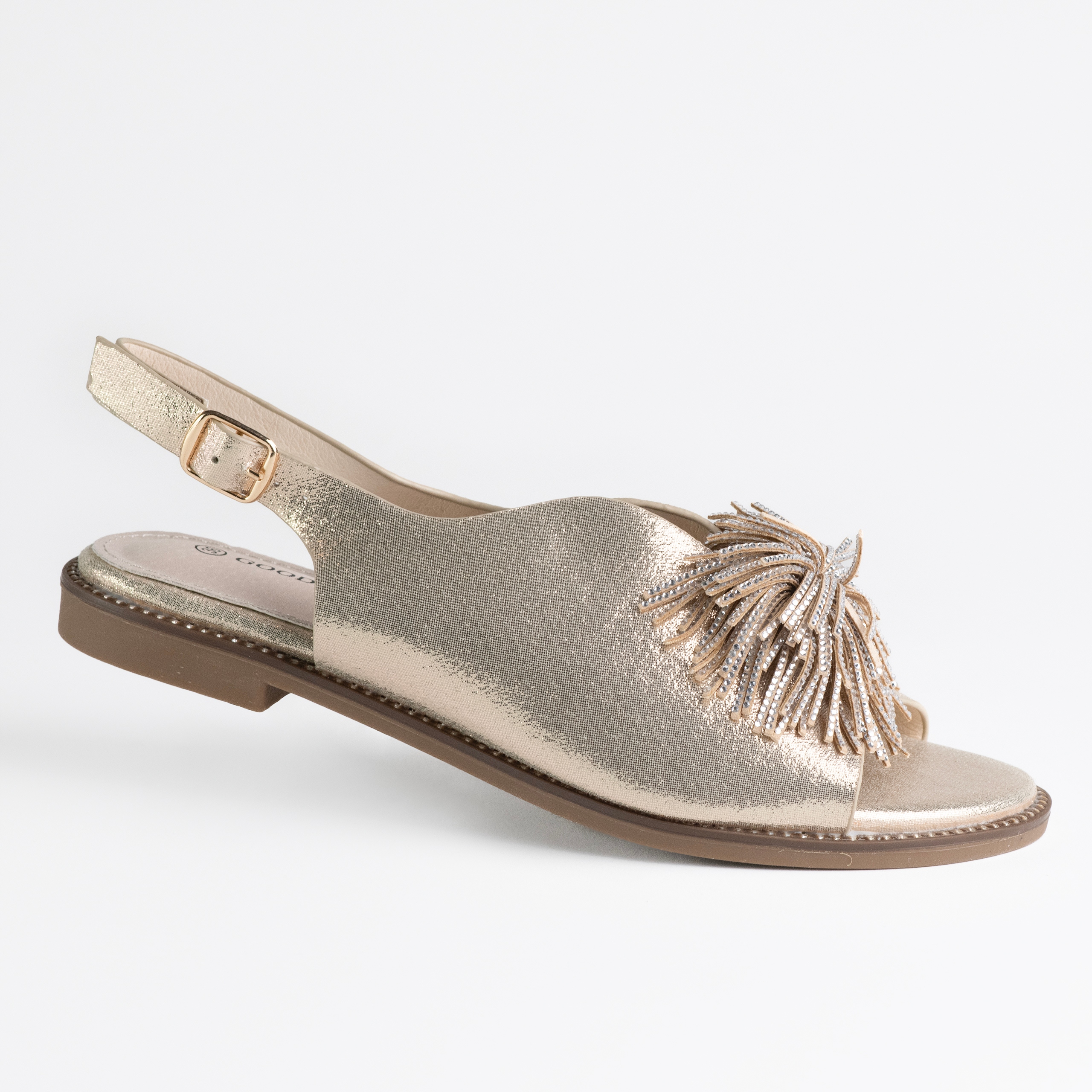 Sandały Damskie Goodin GD-FL889 skóra zamsz ozdobne pompon złoty 38