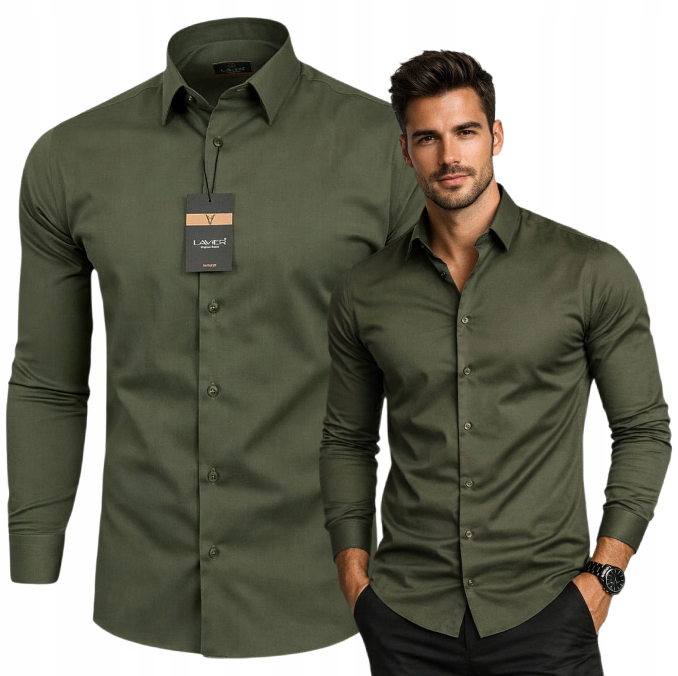 Pánská košile Lavier Khaki Premium – 97% Bavlna, elegantní, Slim vel. L