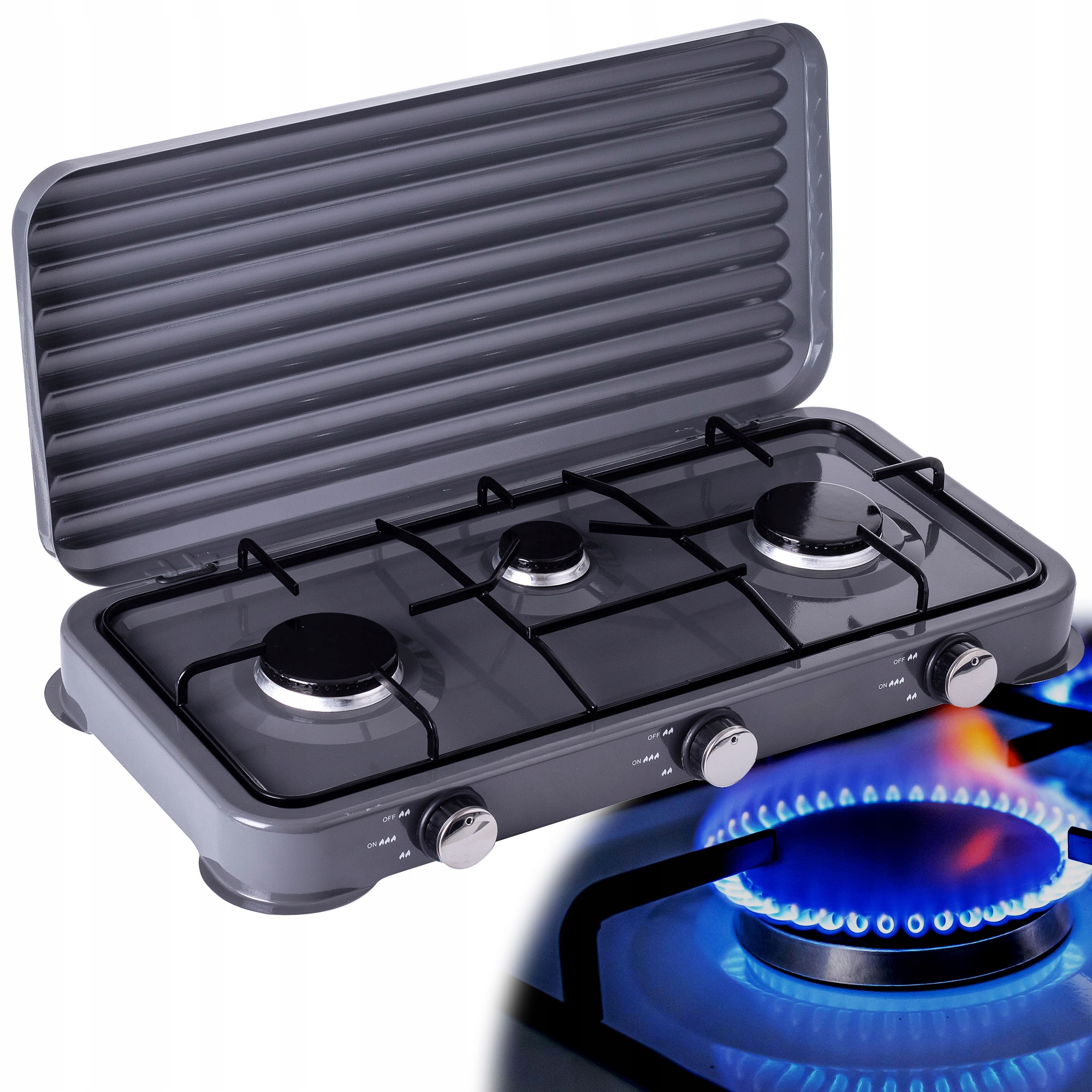 Přenosný Plynový Turistický Kempingový Vařič 3 Hořáky 2X2,2 Kw 1,1 Kw