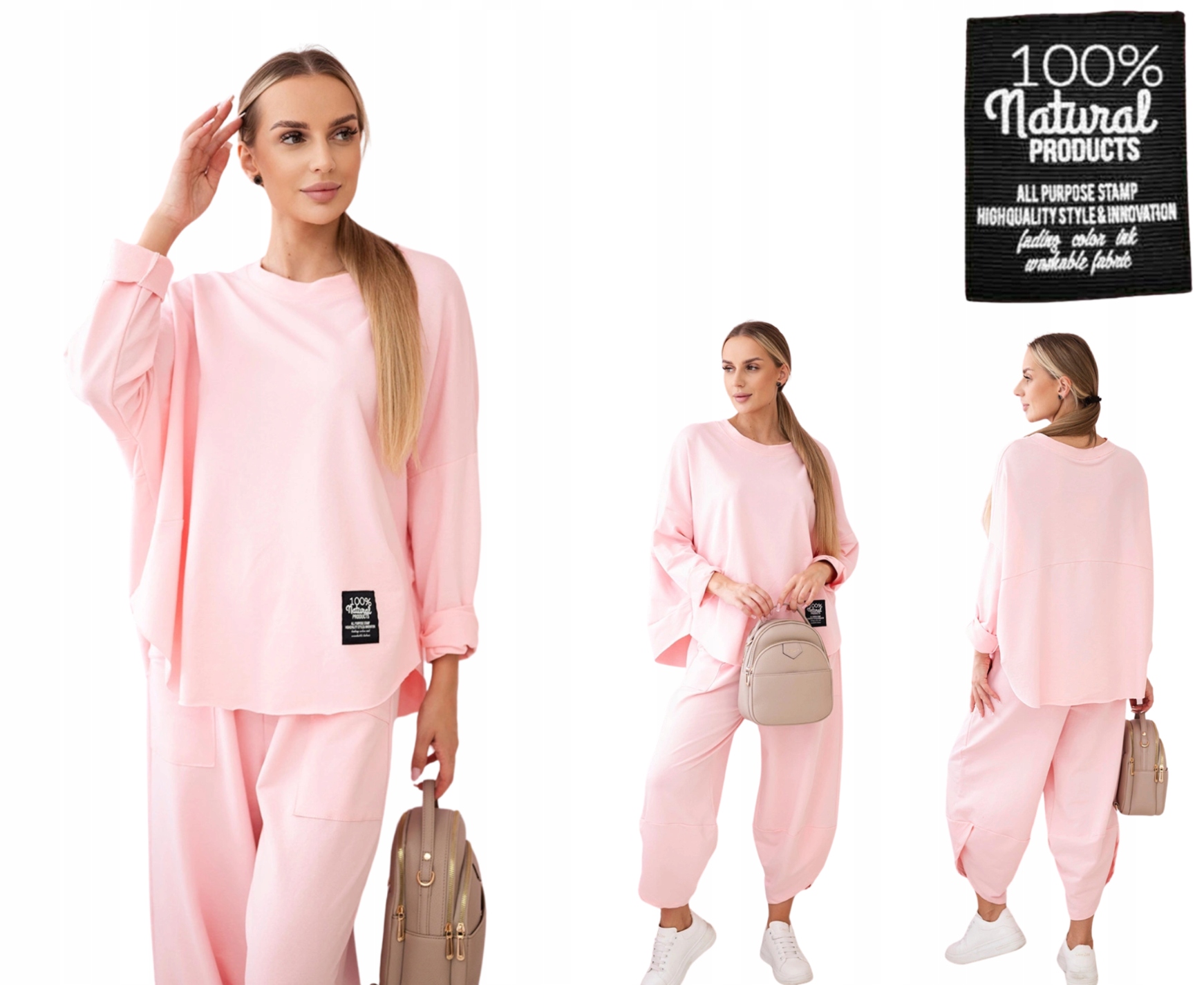 Pudrová Růžová dámská bavlněná souprava: oversize mikina a kalhoty