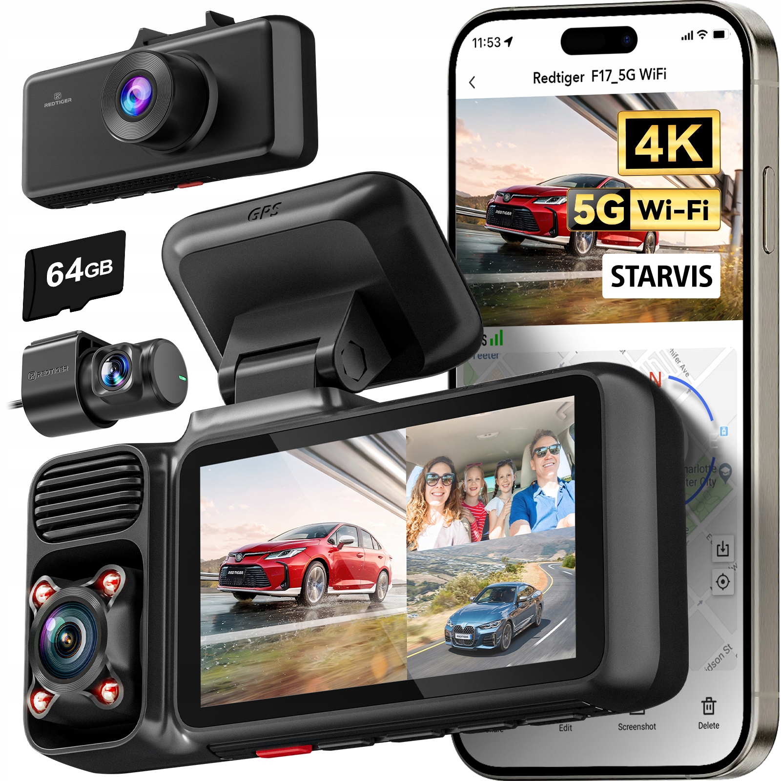3-kanálová 4K kamera do auta Redtiger F17N Gps WiFi Nočné Videnie Parkovací Režim 64GB