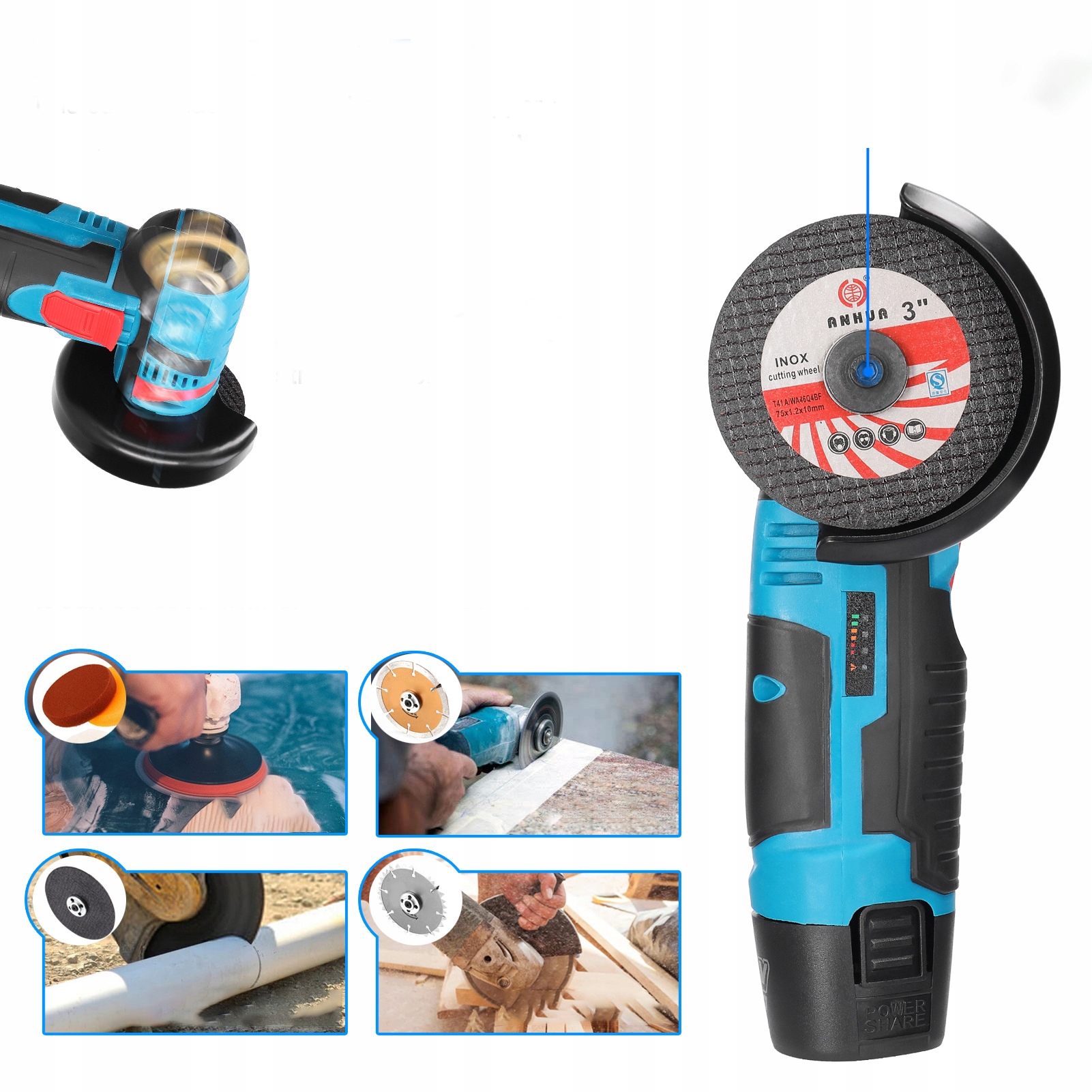 Úhlová Bruska Mini Přenosná 2000 mAh 7 Kotoučů 19500RPM Akumulátorová